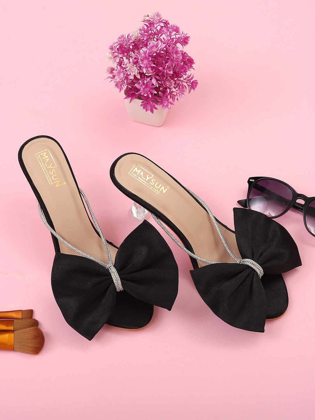 

Maysun Embellished Bows Detail Open Toe Slim Heels, Black