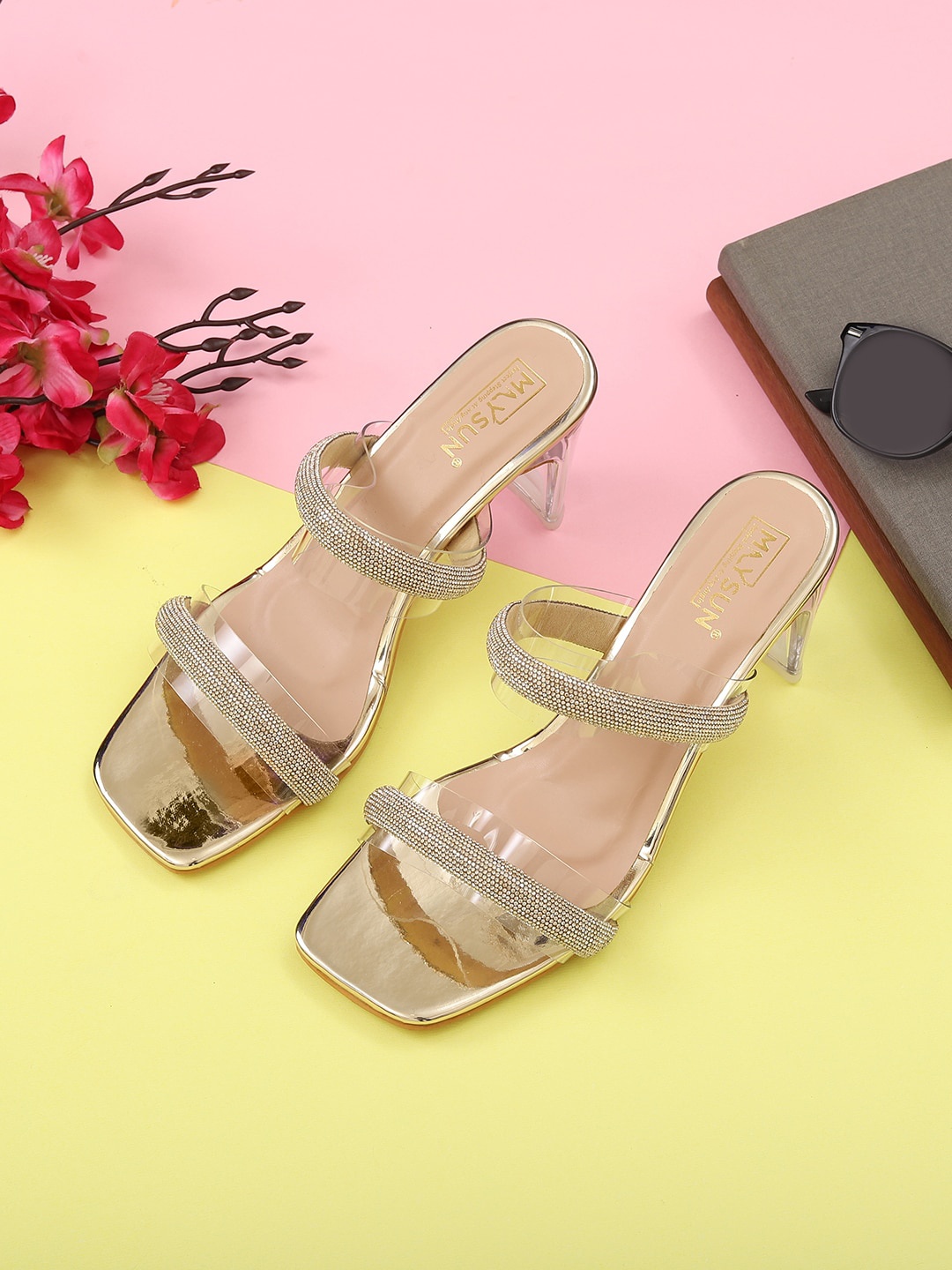 

Maysun Embellished Open Toe Block Heels, Gold