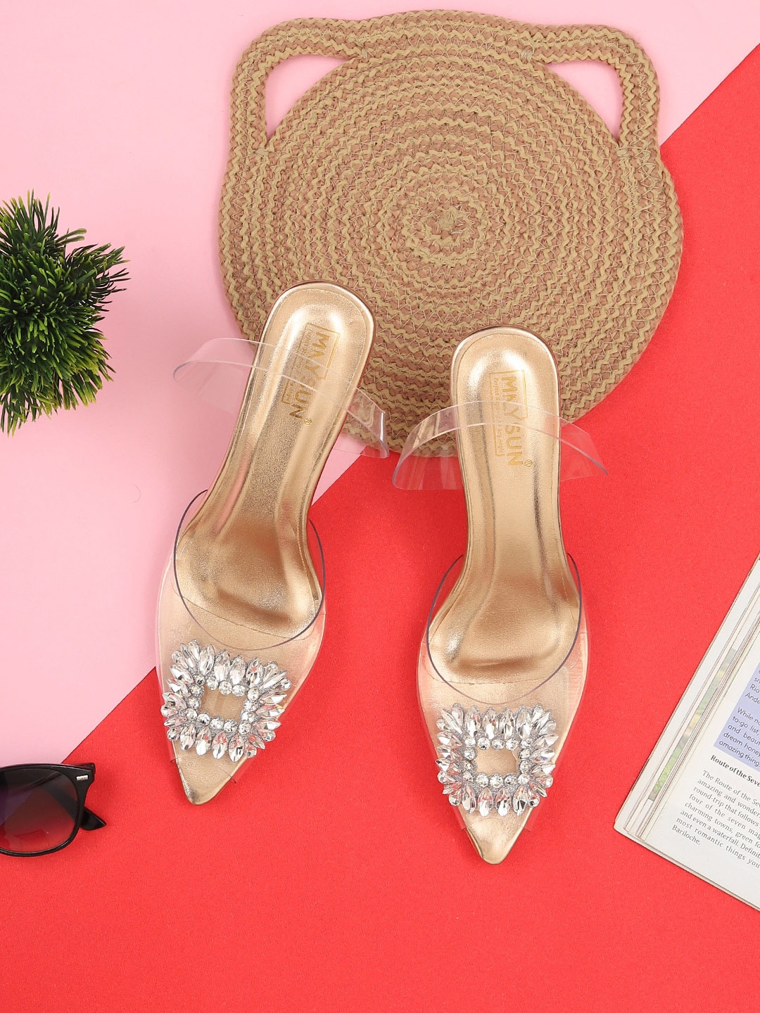 

Maysun Embellished Peep Toe Block Heels, Peach