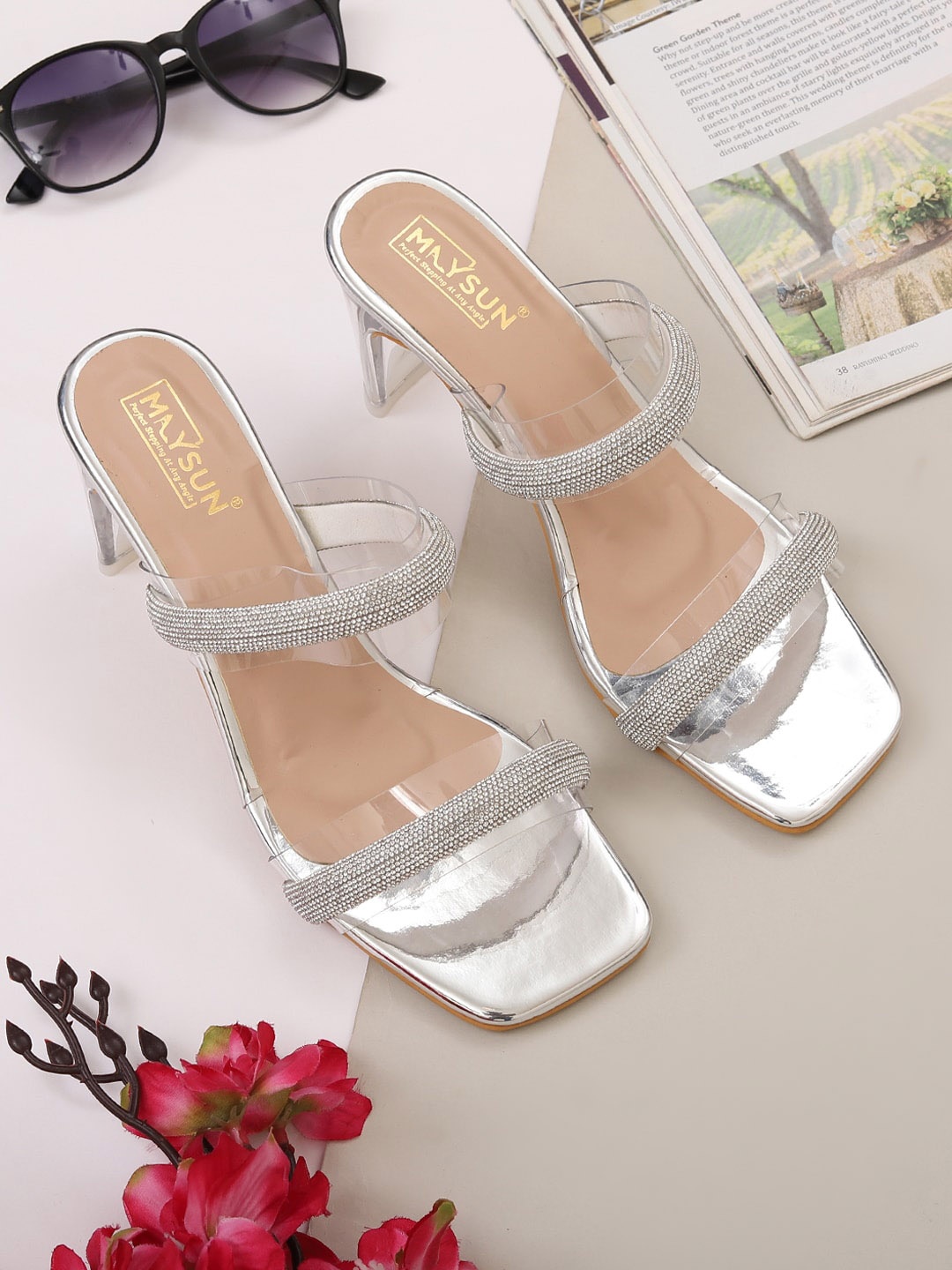

Maysun Embellished Open Toe Block Heels, Silver