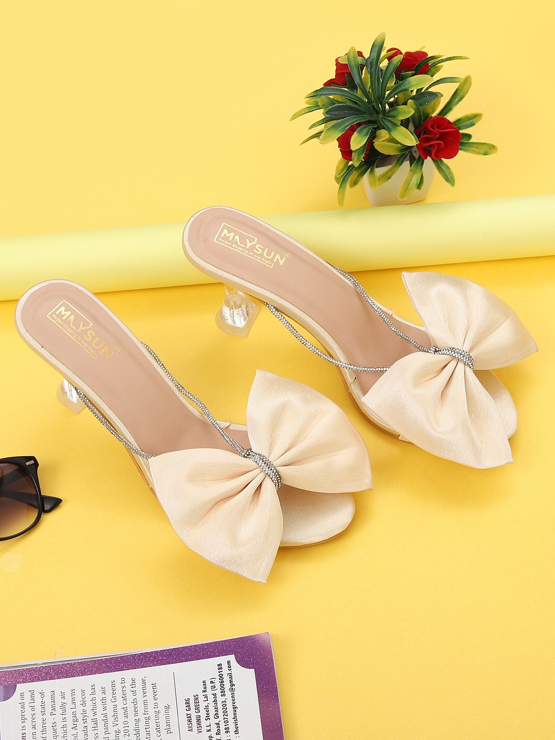 

Maysun Embellished Block Heels With Bows, Cream