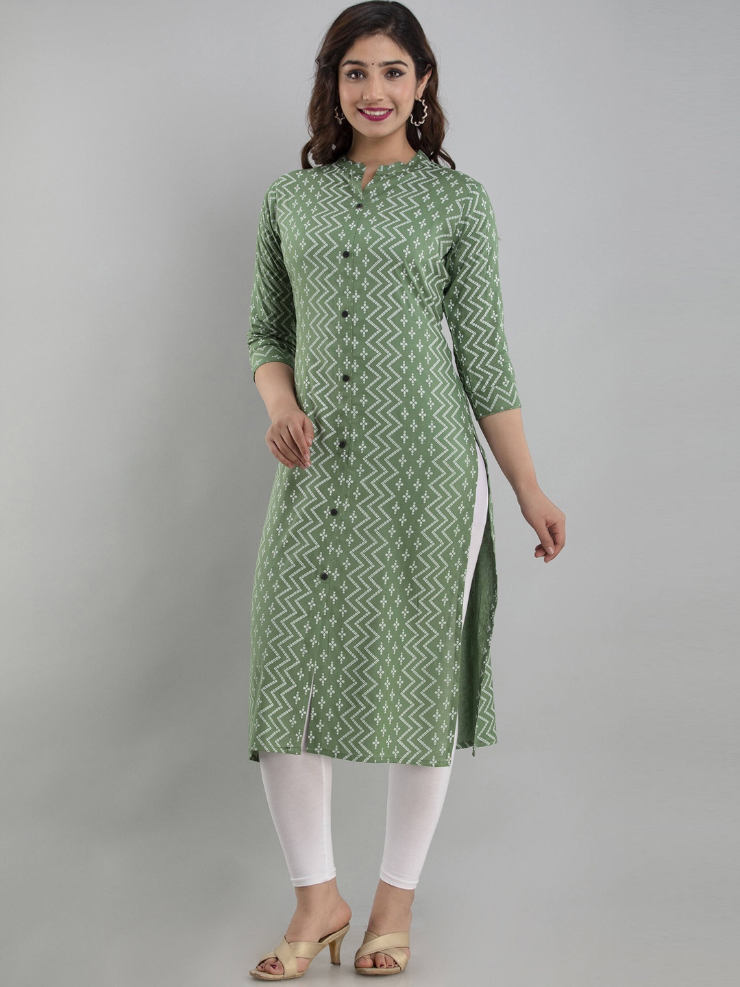 

PARIKSHIT Geometric Printed Mandarin Collar Straight Kurta, Green