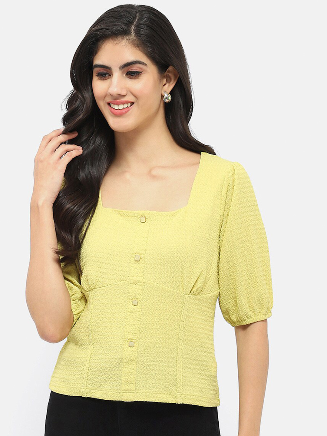 

Madame Self Design Puff Sleeve Top, Lime green