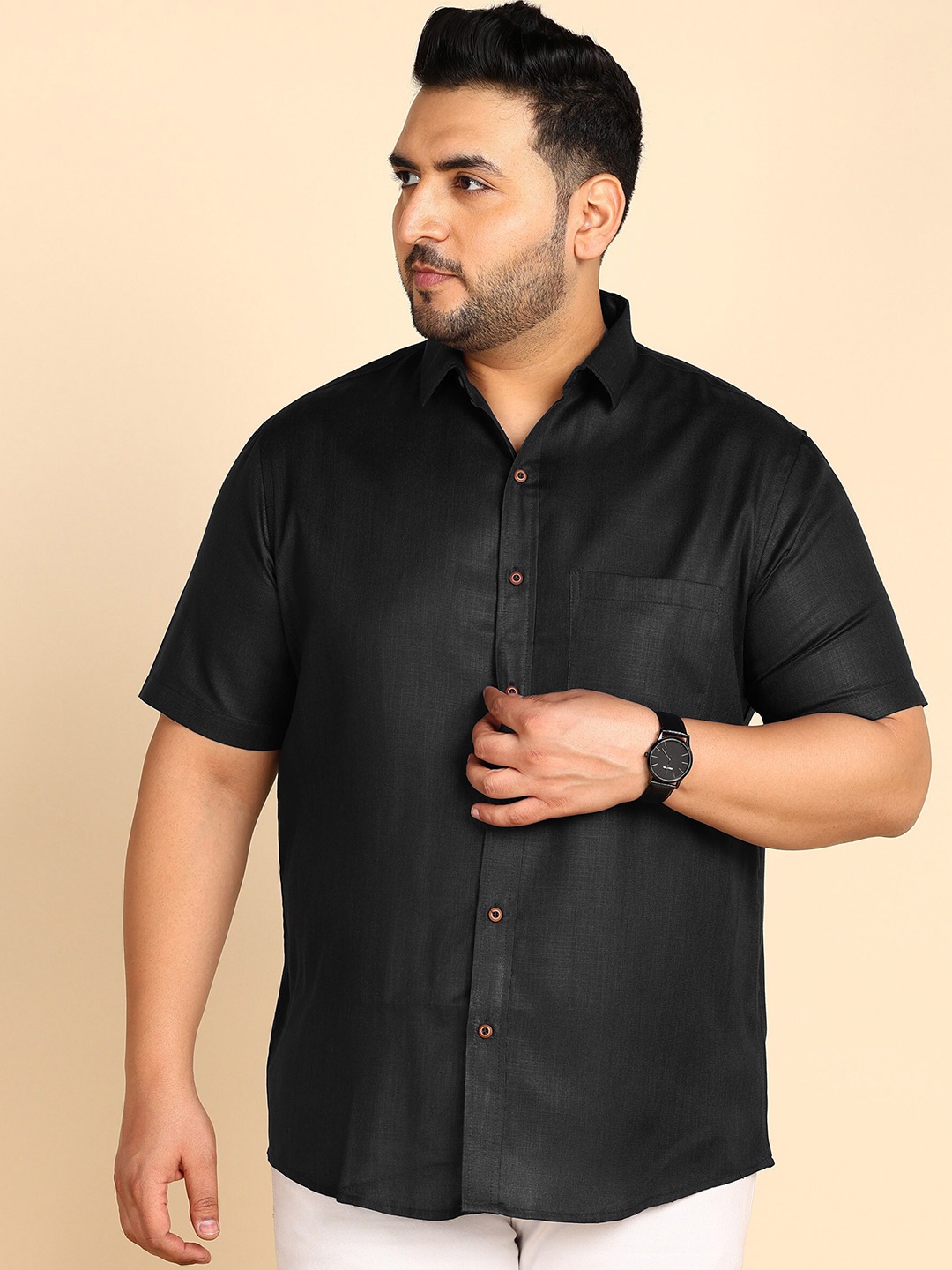 

PRINTCULTR Plus Size Spread Collar Classic Cotton Linen Casual Shirt, Black