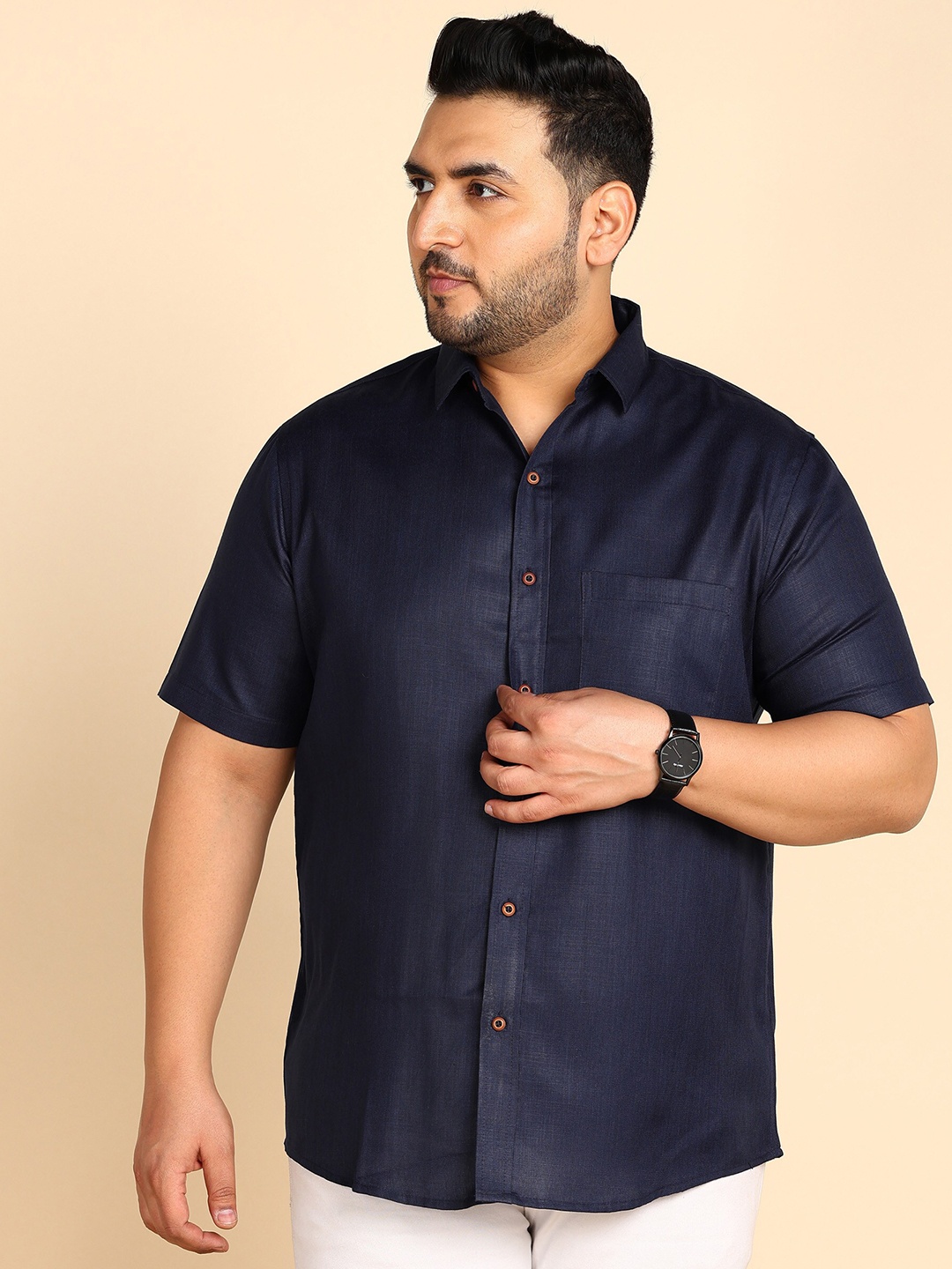 

PRINTCULTR Plus Size Spread Collar Classic Cotton Linen Casual Shirt, Navy blue