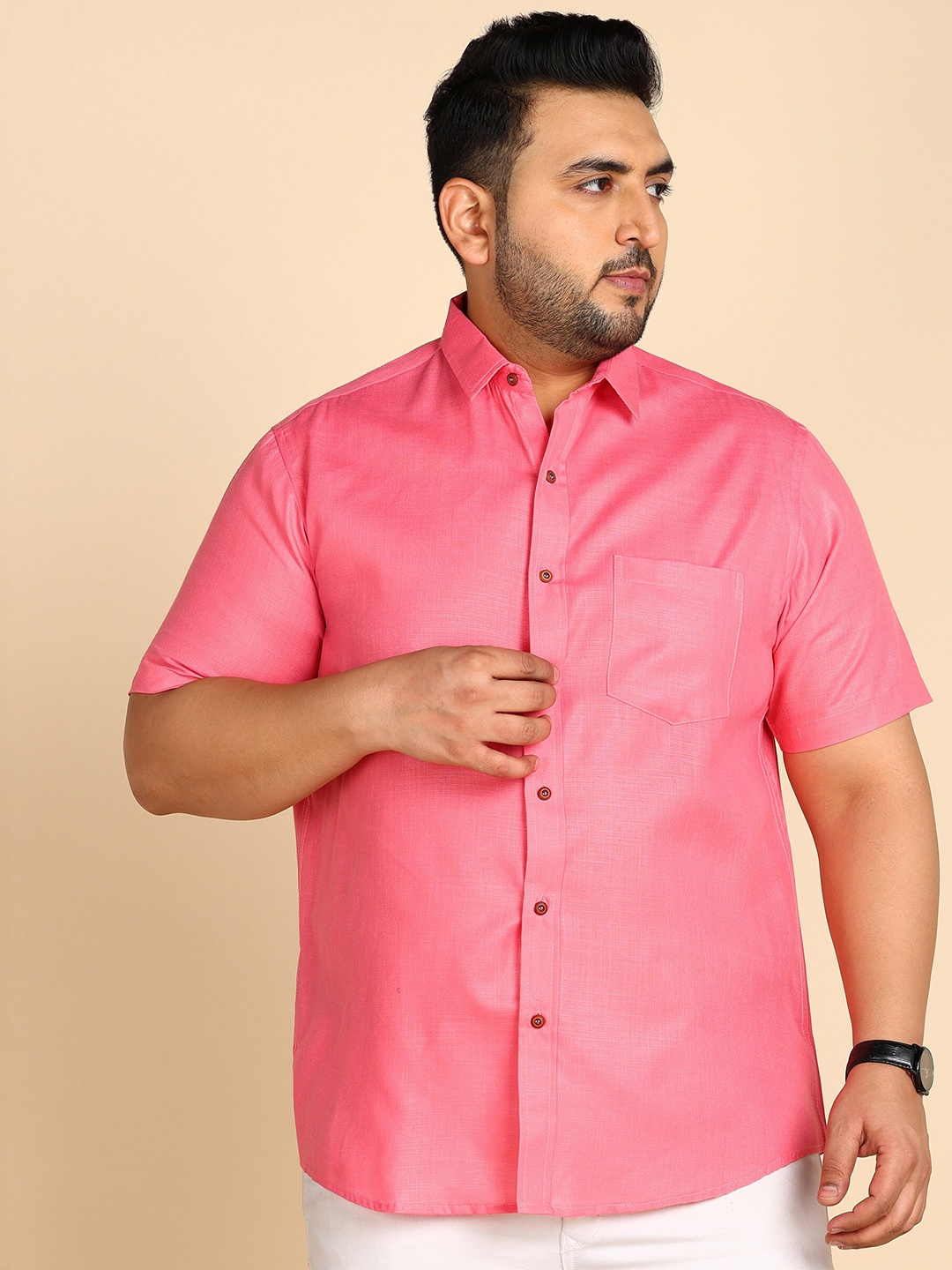 

PRINTCULTR Plus Size Spread Collar Classic Cotton Linen Casual Shirt, Pink