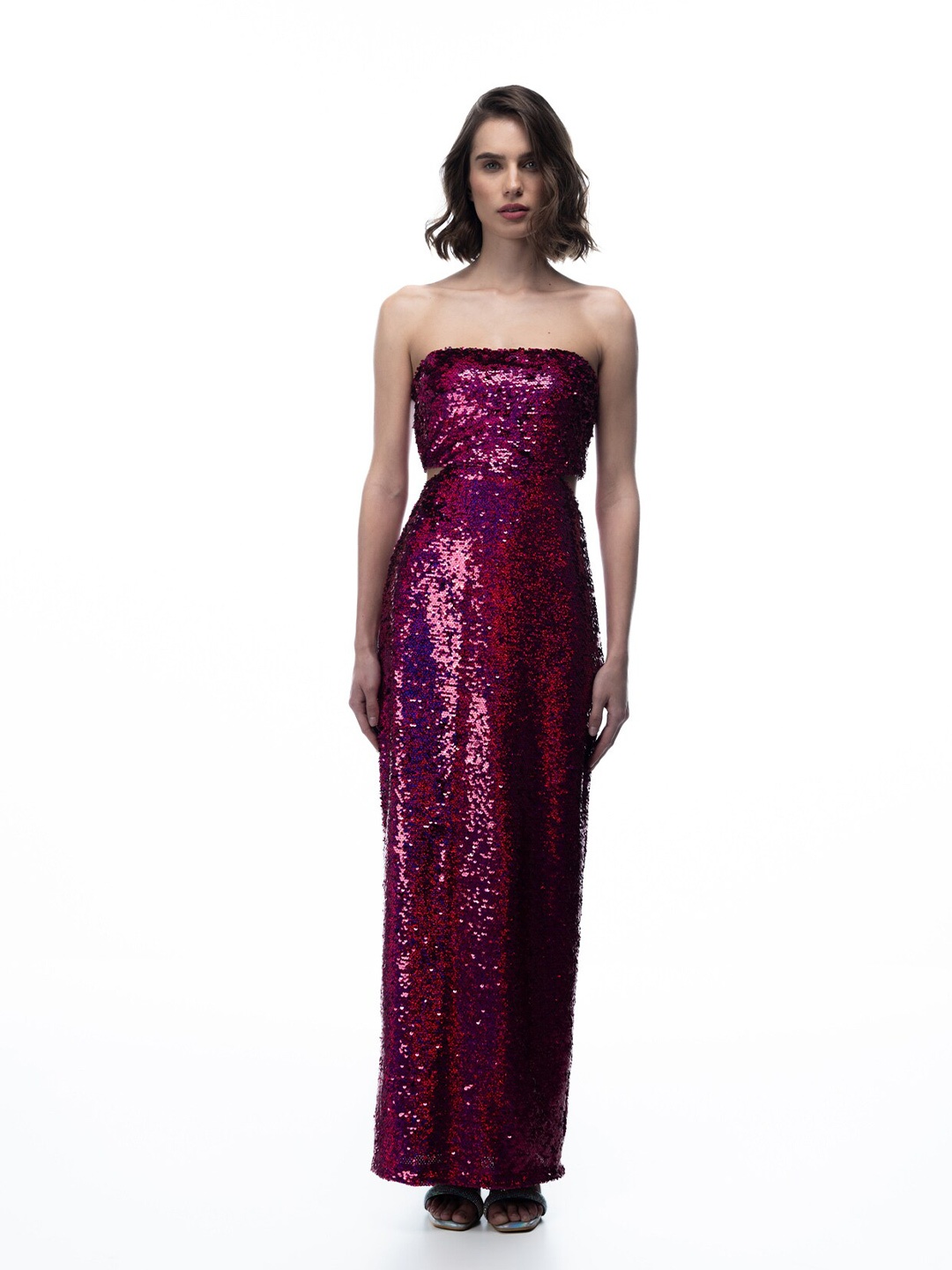 

SOTBELLA Embellished Strapless Sequined Cut Out Bling & Sparkly Maxi Dress, Pink