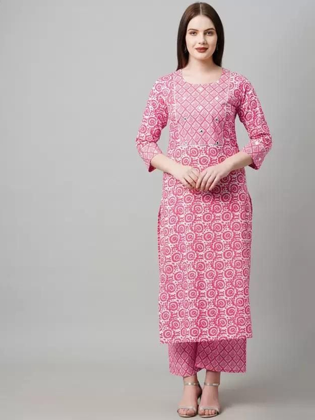 

SANJANA SILK Floral Printed Regular Mirror Work Kurta with Trousers, Pink