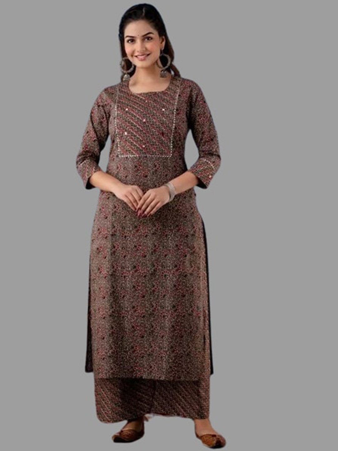 

SANJANA SILK Ethnic Motifs Printed Regular Gotta Patti Kurta with Palazzos, Brown