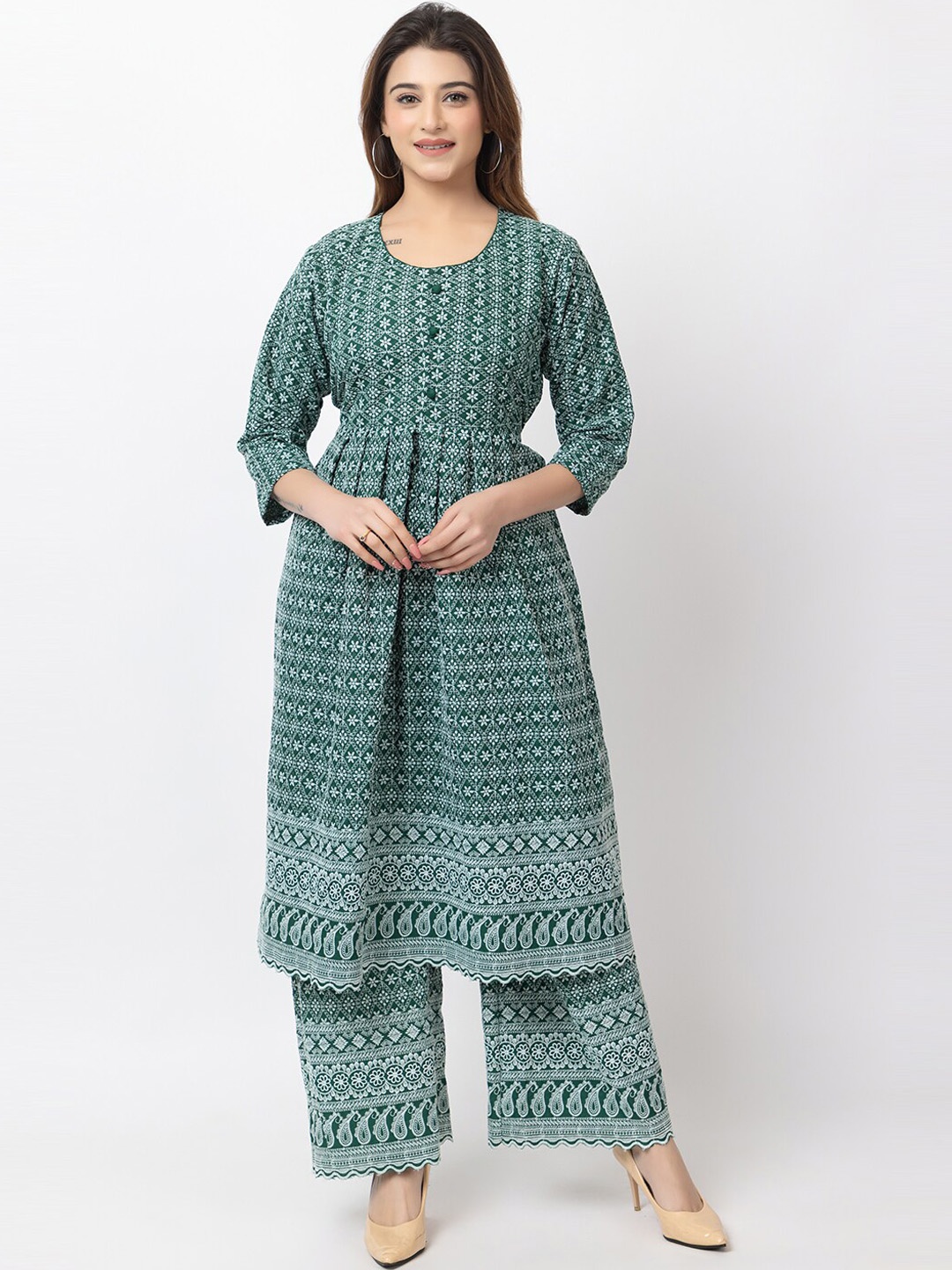 

TYSORT Ethnic Motifs Embroidered Pleated Lucknowi Chikankari Anarkali Kurta with Palazzos, Green