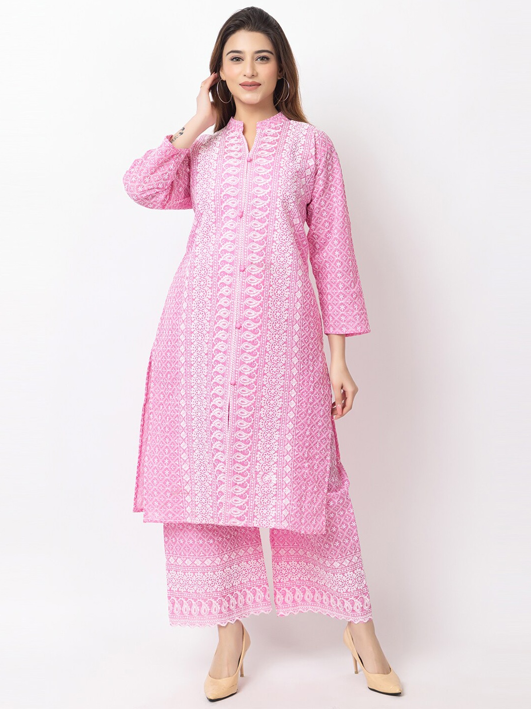 

TYSORT Ethnic Motifs Embroidered Mandarin Collar Lucknowi Chikankari Kurta with Palazzos, Pink