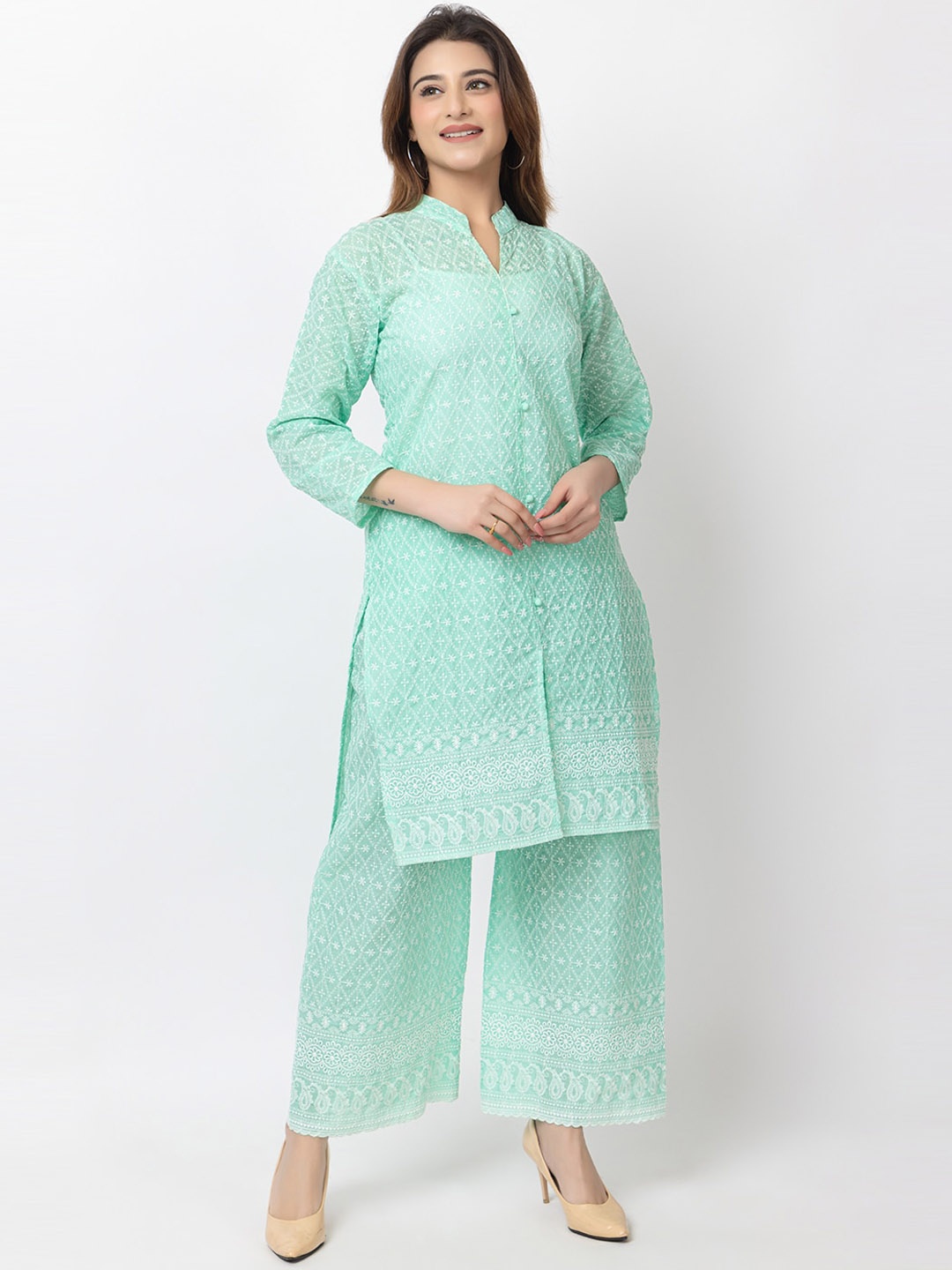 

TYSORT Mandarin Collar Ethnic Motifs Embroidered Regular Thread Work Kurta with Palazzo, Green