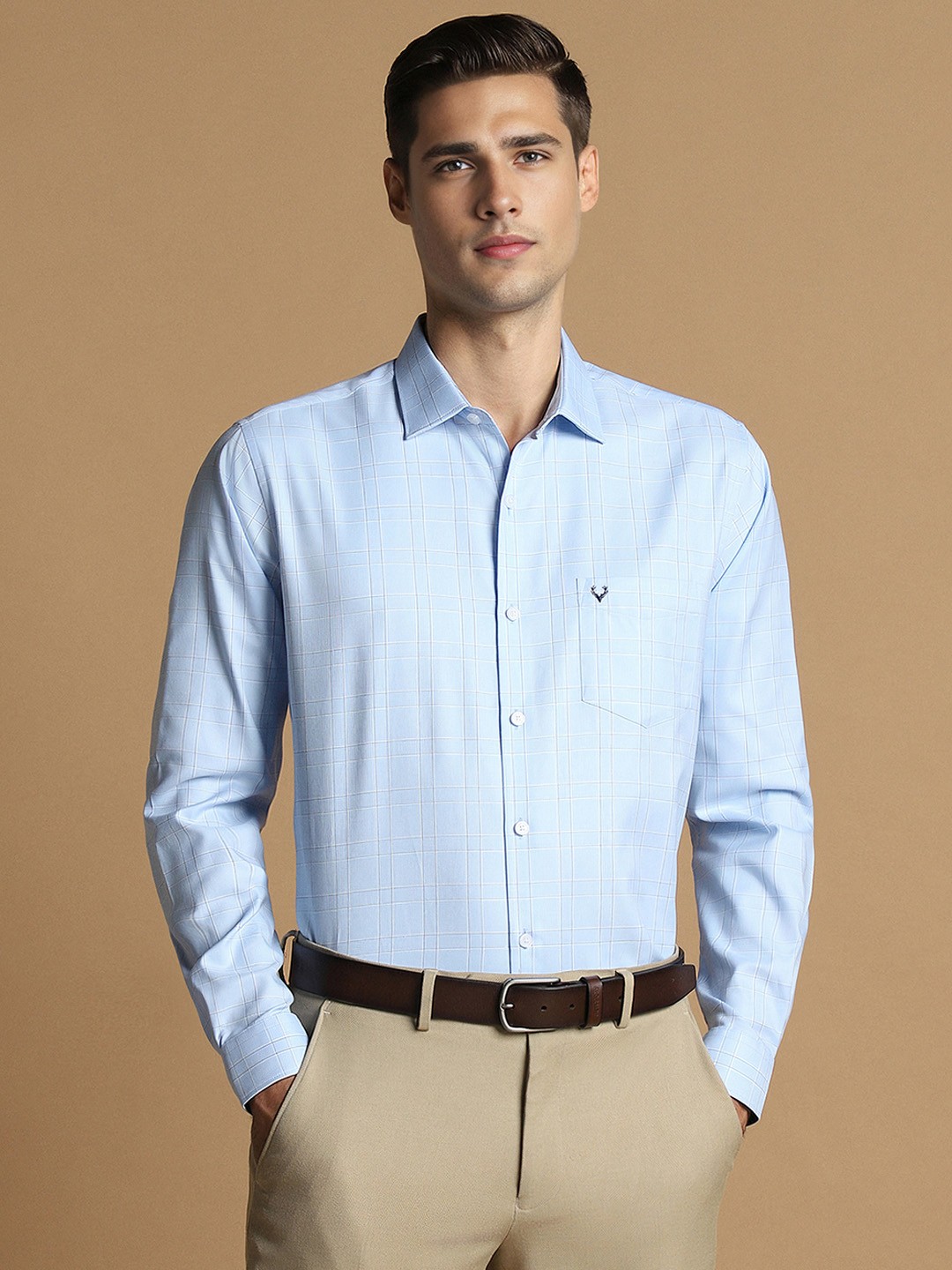 

Allen Solly Slim Fit Windowpane Checked Spread Collar Pure Cotton Formal Shirt, Blue