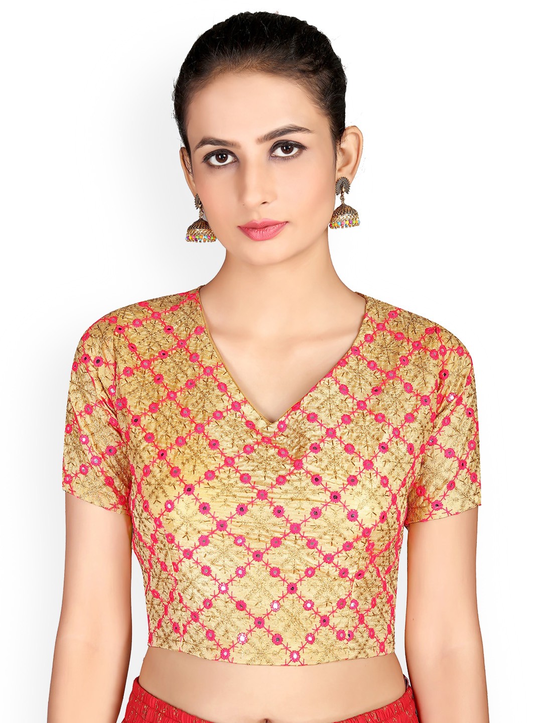 

HRITIKA Embroidered Mirror Work Saree Blouse, Gold