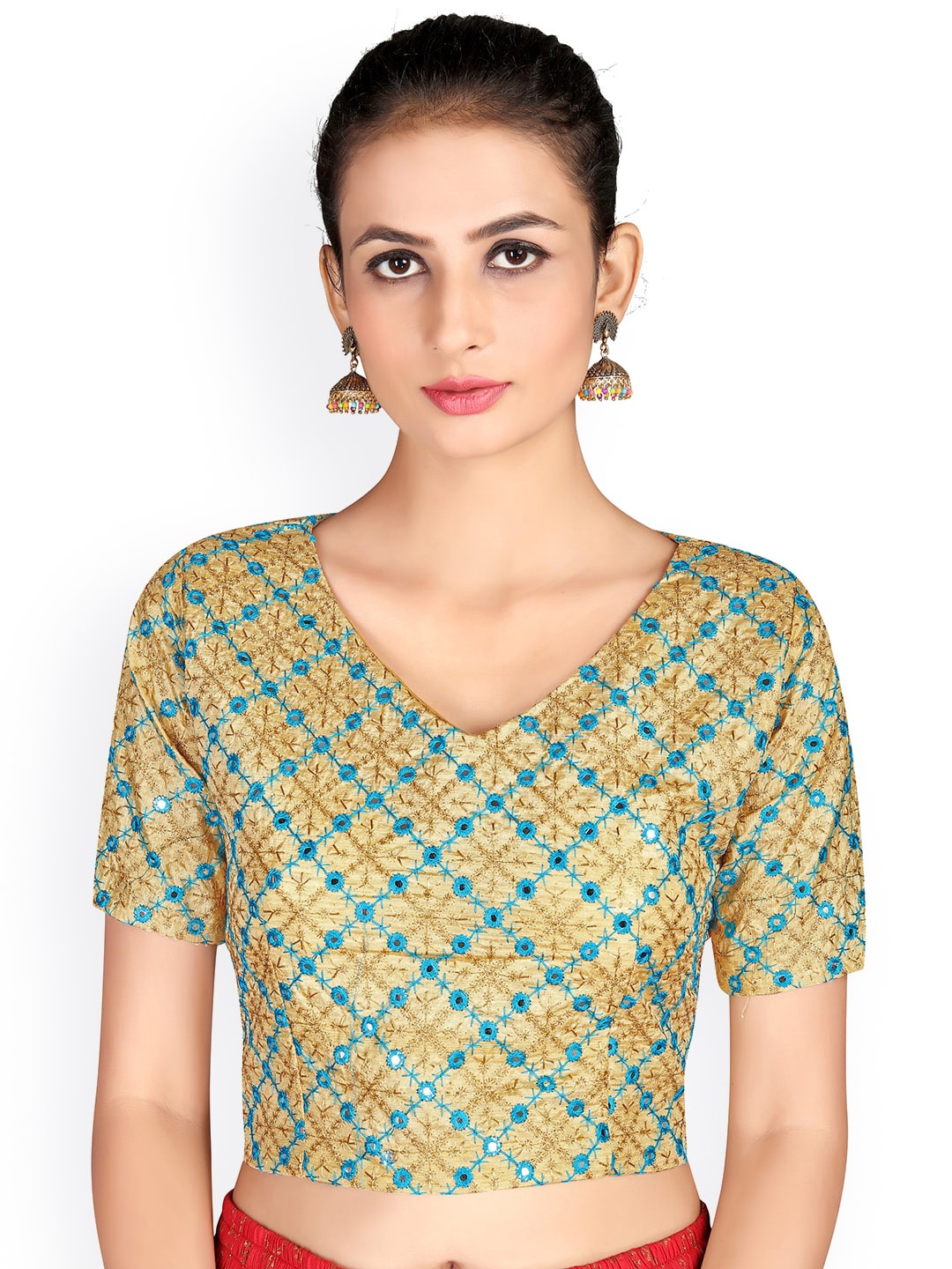 

HRITIKA Embroidered V-Neck Mirror Work Saree Blouse, Gold
