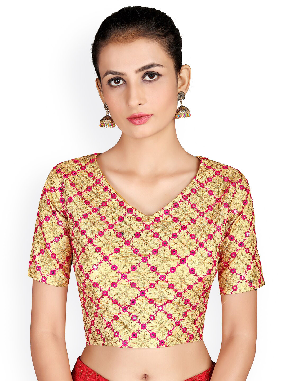 

HRITIKA Embroidered Mirror Work Saree Blouse, Gold