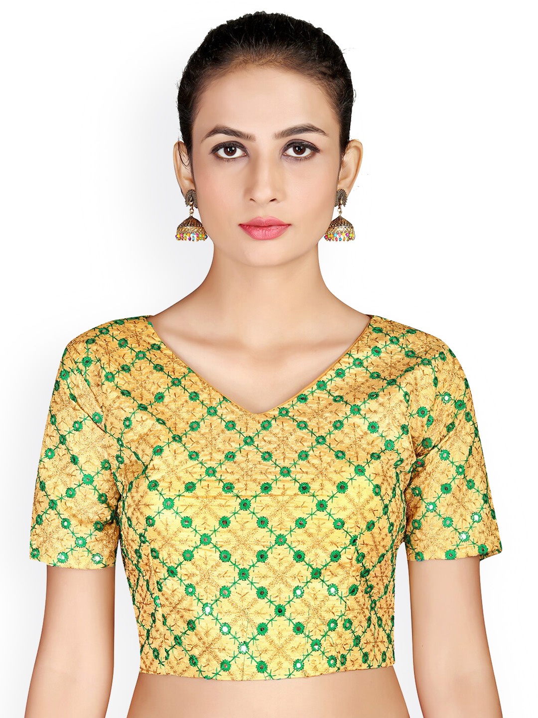 

HRITIKA Embroidered Mirror Work Saree Blouse, Gold