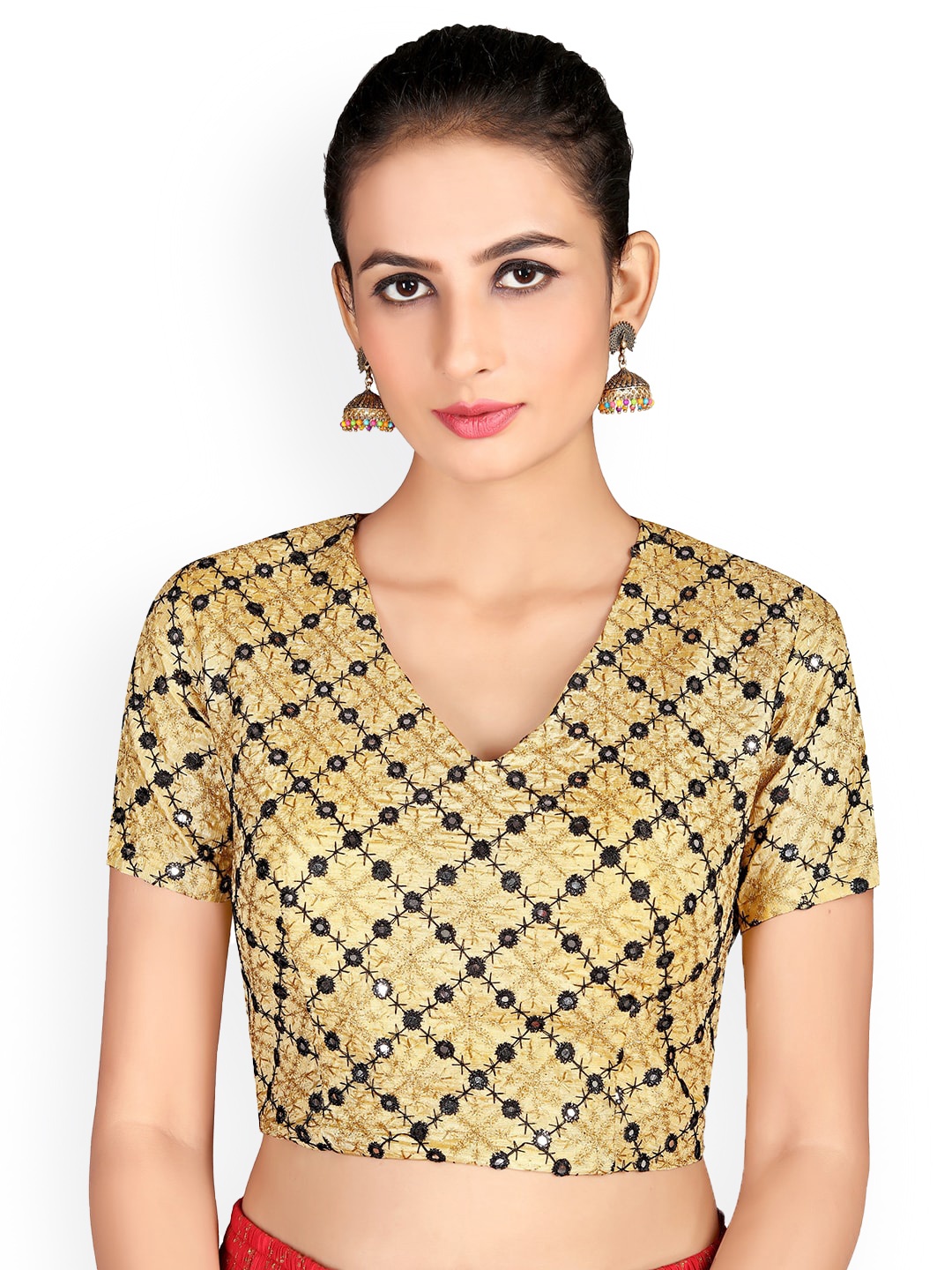 

HRITIKA Embroidered Mirror Work Saree Blouse, Gold