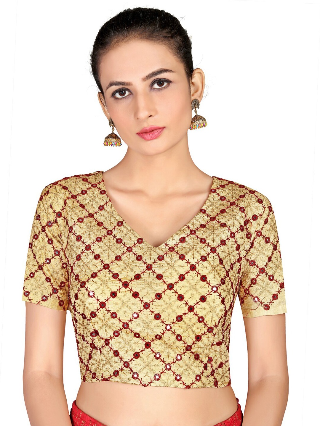 HRITIKA Embroidered V-Neck Mirror Work Saree Blouse, Gold