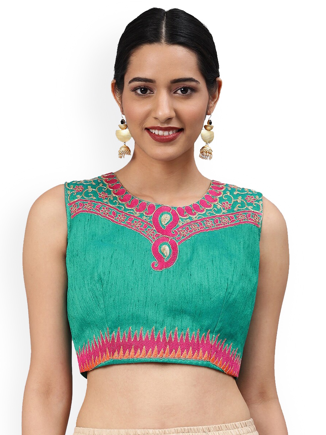 

KALINI Embroidered Sleeveless Raw Silk Saree Blouse, Teal