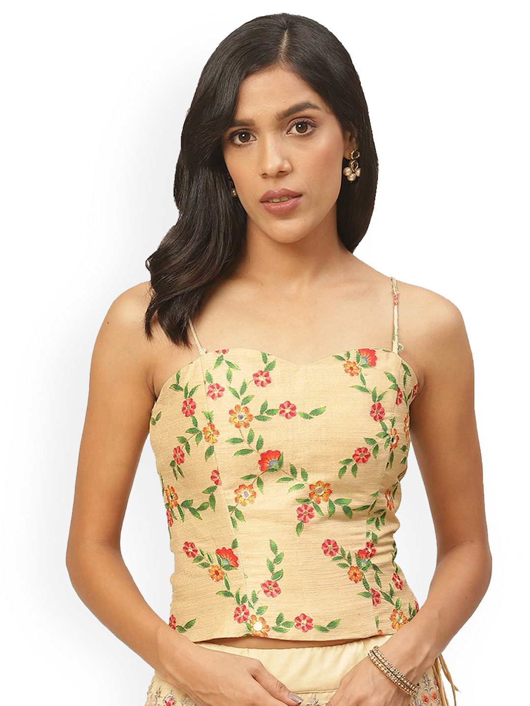 

HRITIKA Embroidered Shoulder Straps Mirror Work Saree Blouse, Gold