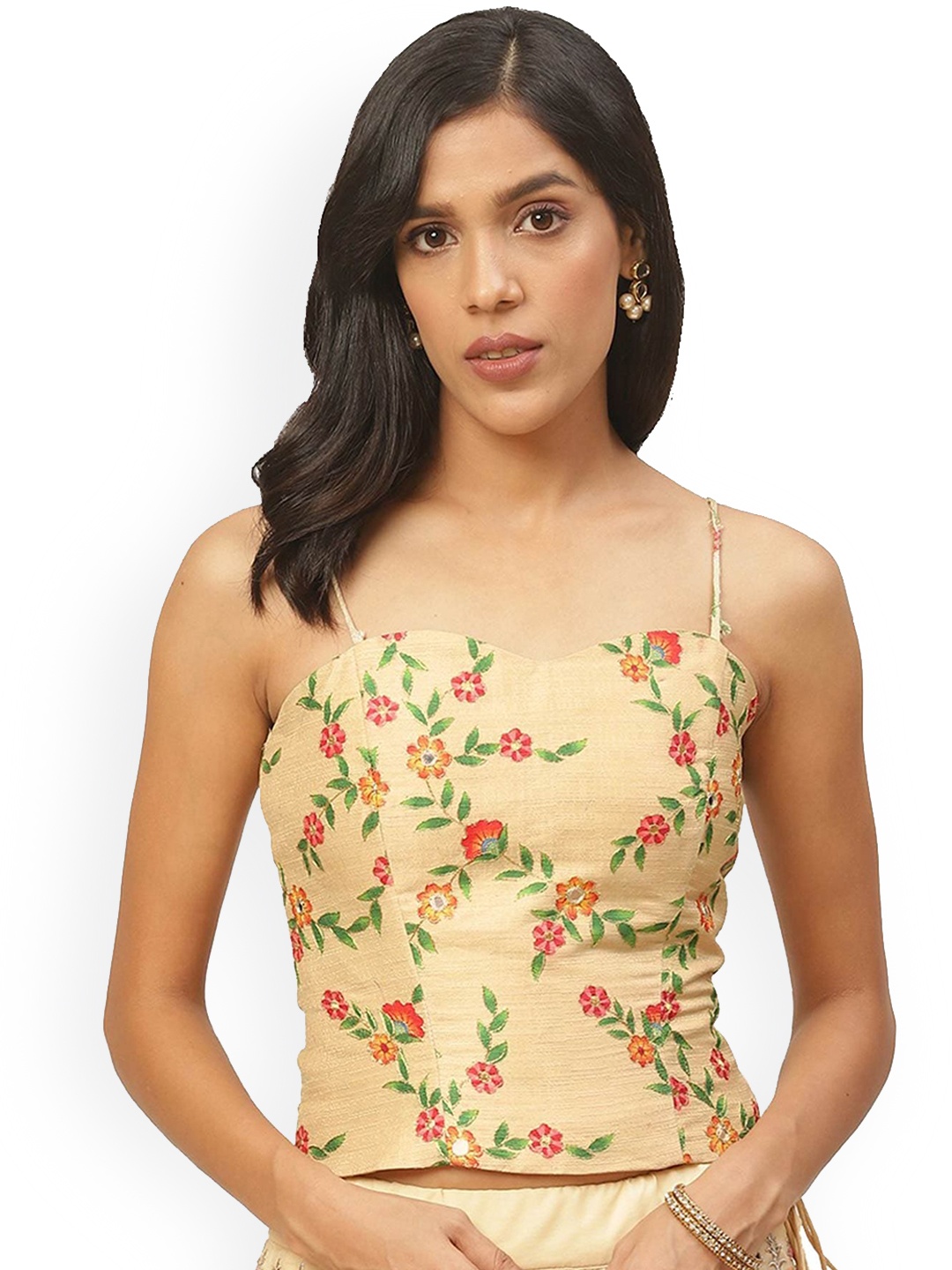 

KALINI Floral Printed Mirror Work Saree Blouse, Gold