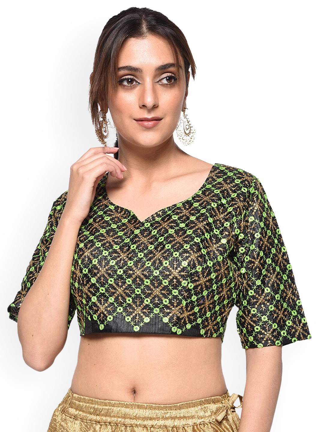 

KALINI Embroidered Mirror Work Raw Silk Saree Blouse, Black
