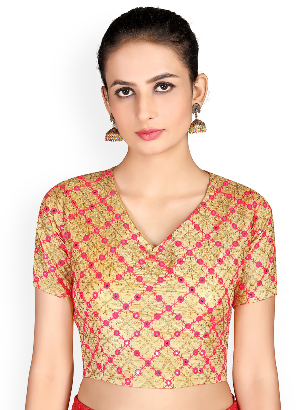 

KALINI Embroidered Mirror Work Raw Silk Saree Blouse, Gold