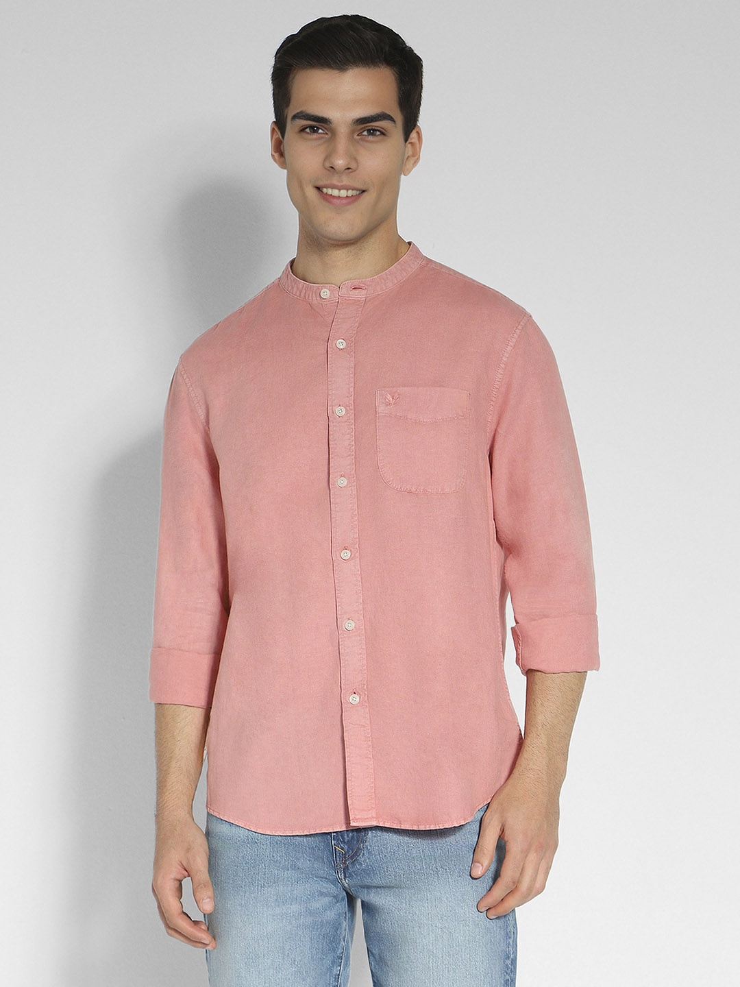 

AMERICAN EAGLE OUTFITTERS Band Collar Casual Linen Cotton Shirt, Pink