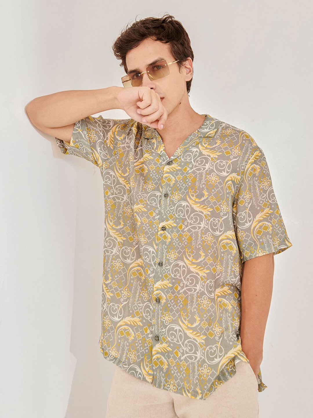 

QB MEN Floral Printed Classic Silk Casual Shirt, Beige
