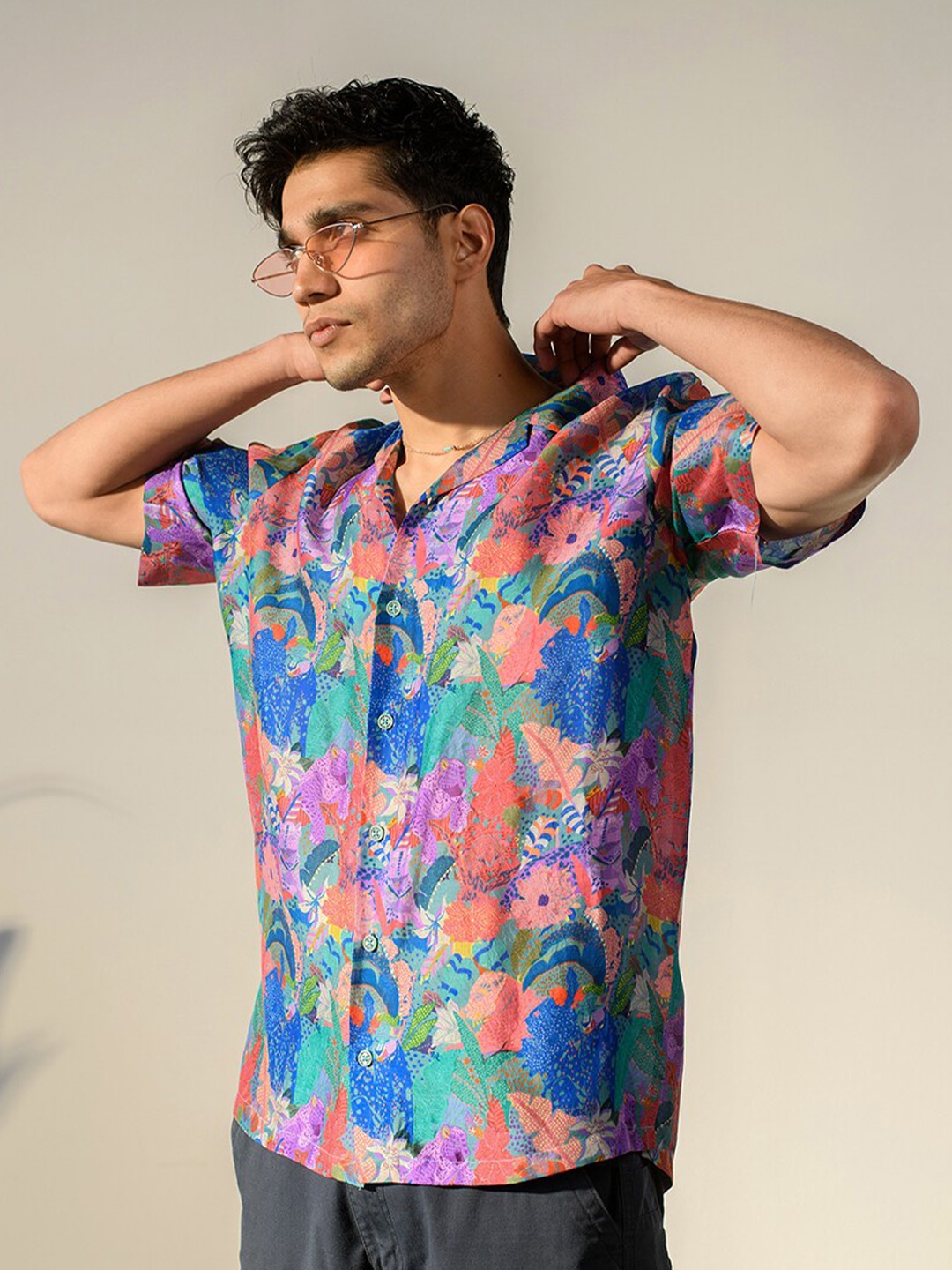 

QB MEN Floral Printed Classic Silk Casual Shirt, Blue