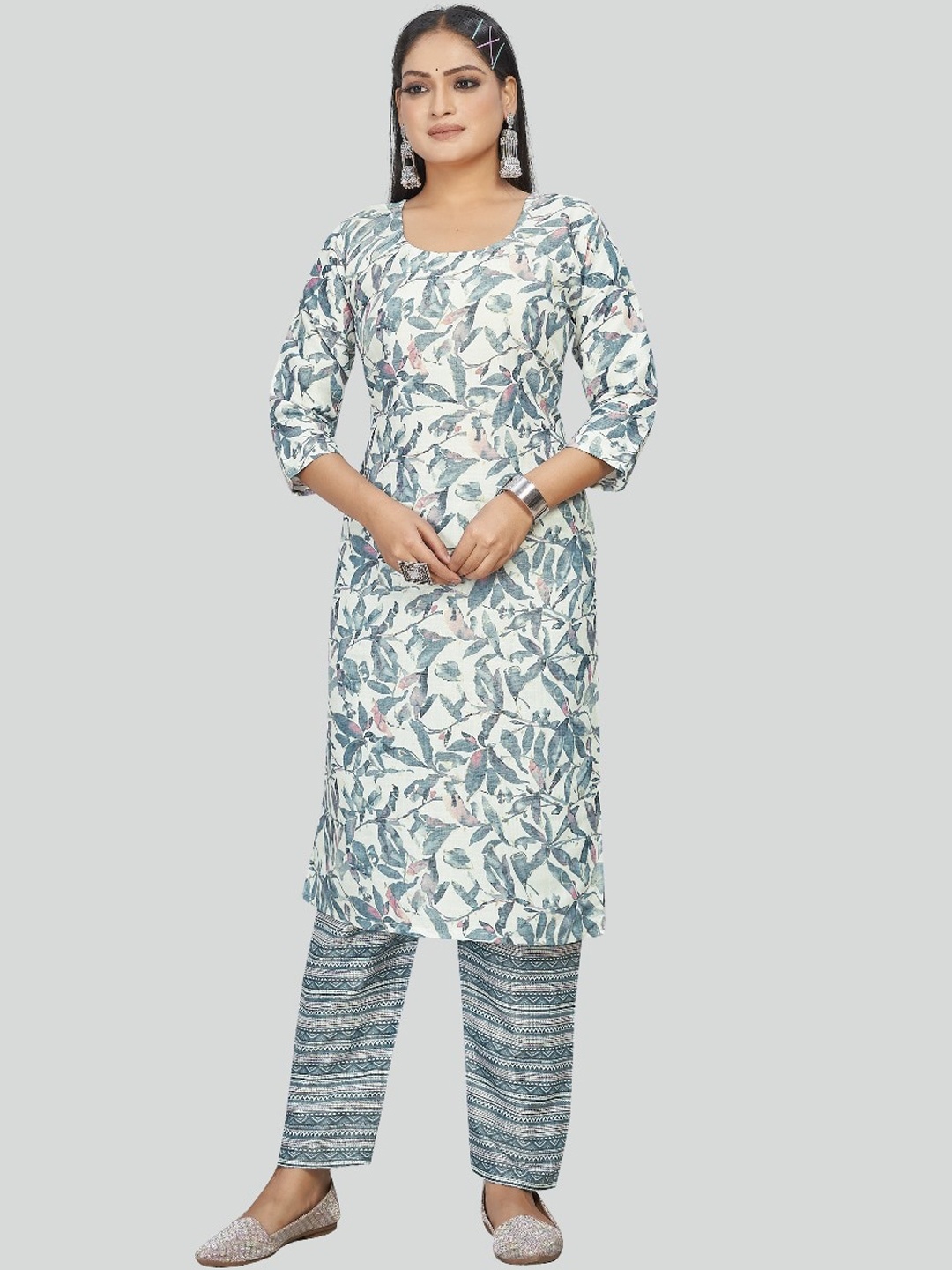 

SANJANA SILK Floral Printed Regular Kurta with Trousers, Grey