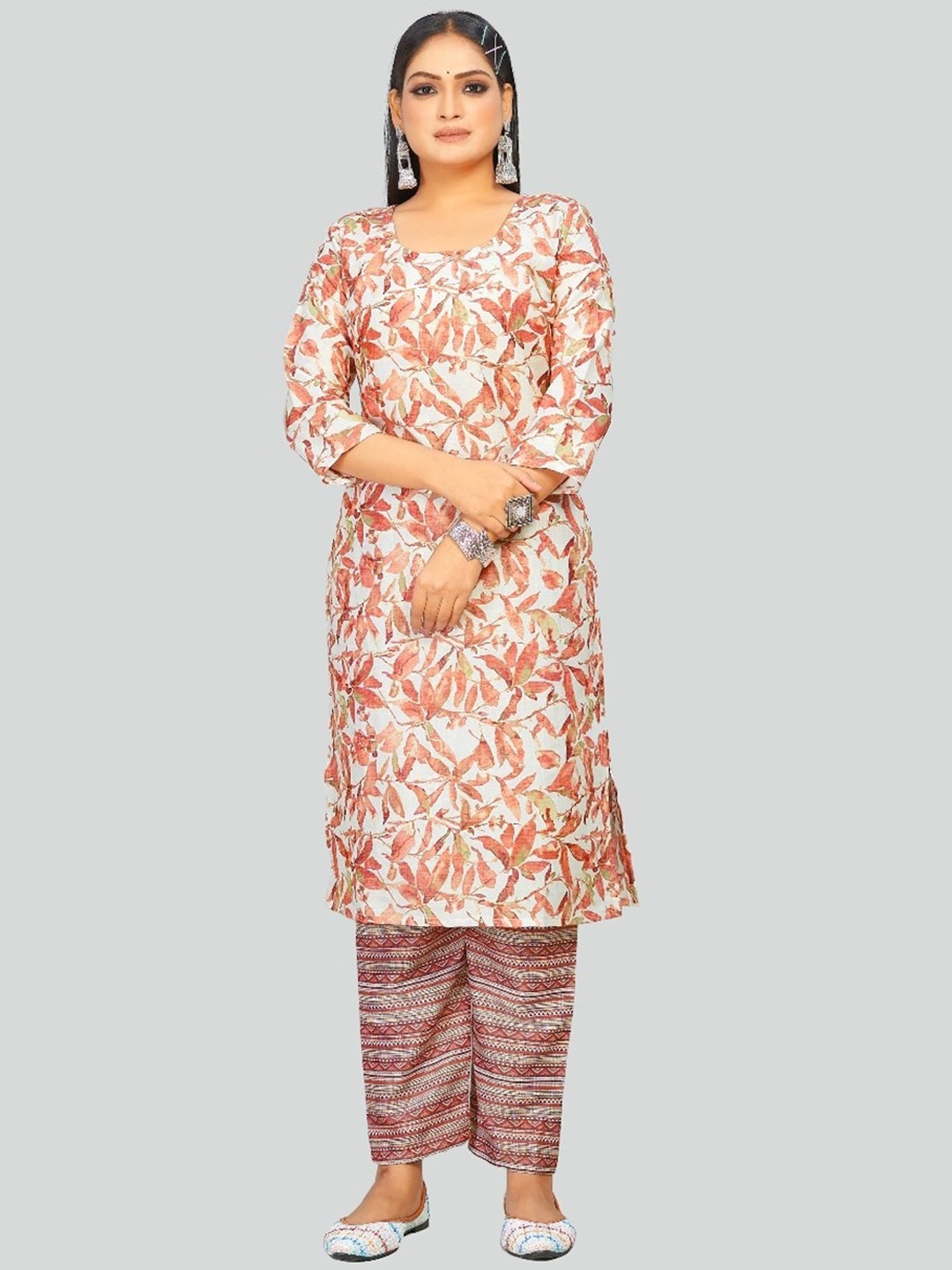 

SANJANA SILK Floral Printed Regular Kurta with Trousers, Brown