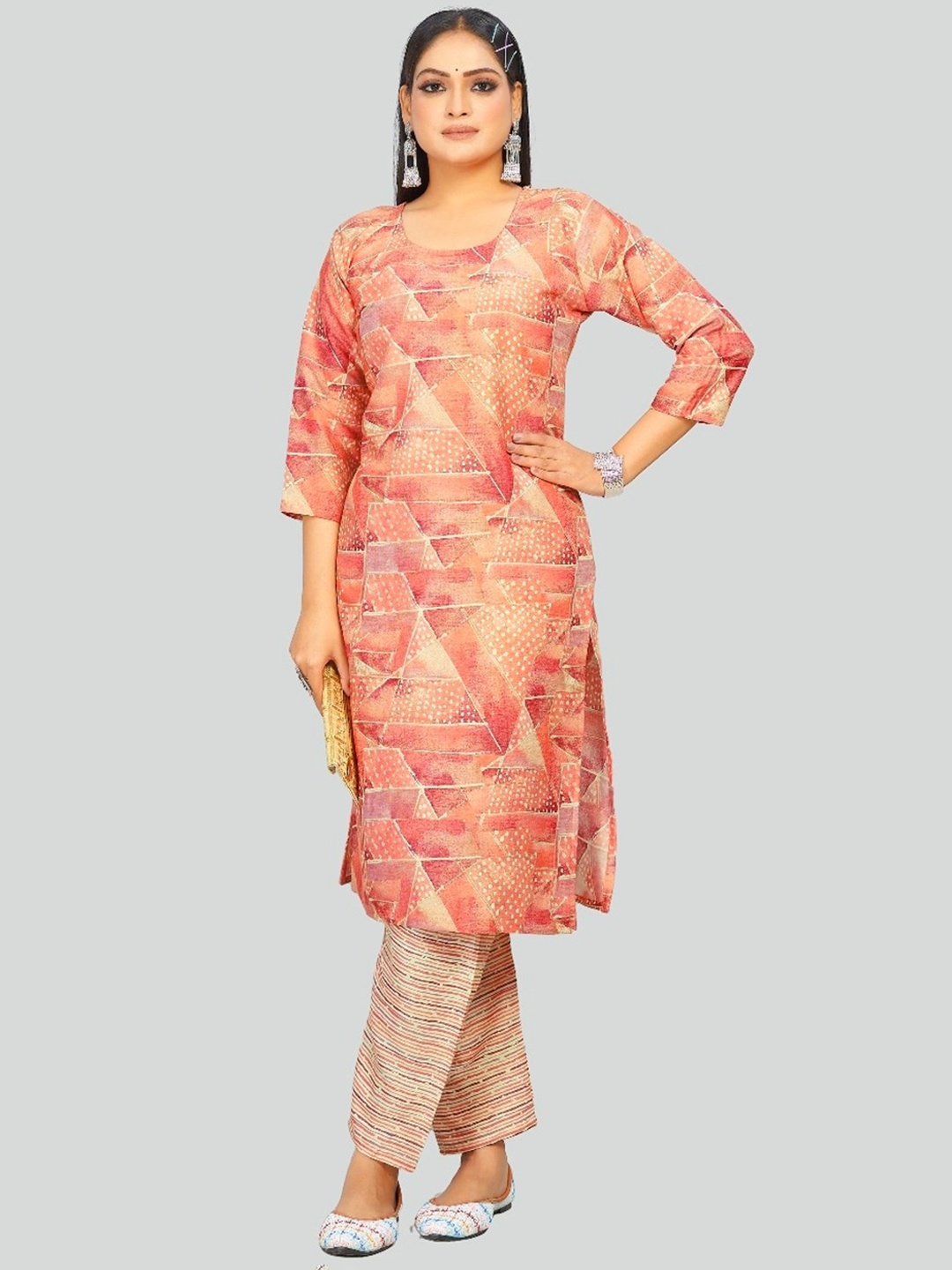

SANJANA SILK Abstract Printed Regular Kurta with Trousers, Peach