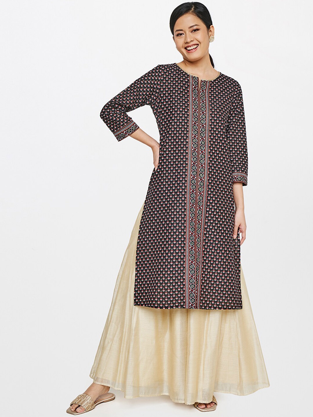 

Global Desi Ethnic Motifs Printed Straight Kurta, Black