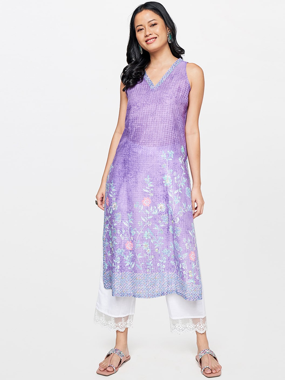 

Global Desi Floral Printed Pure Cotton A-Line Kurta, Lavender