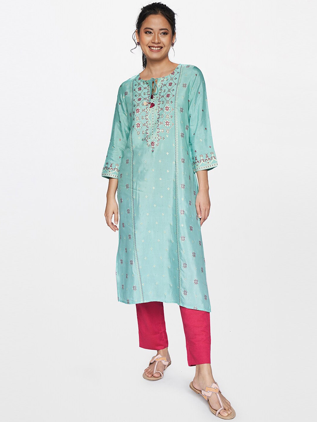 

Global Desi Ethnic Motifs Printed Tie-Up Neck Straight Kurta, Blue