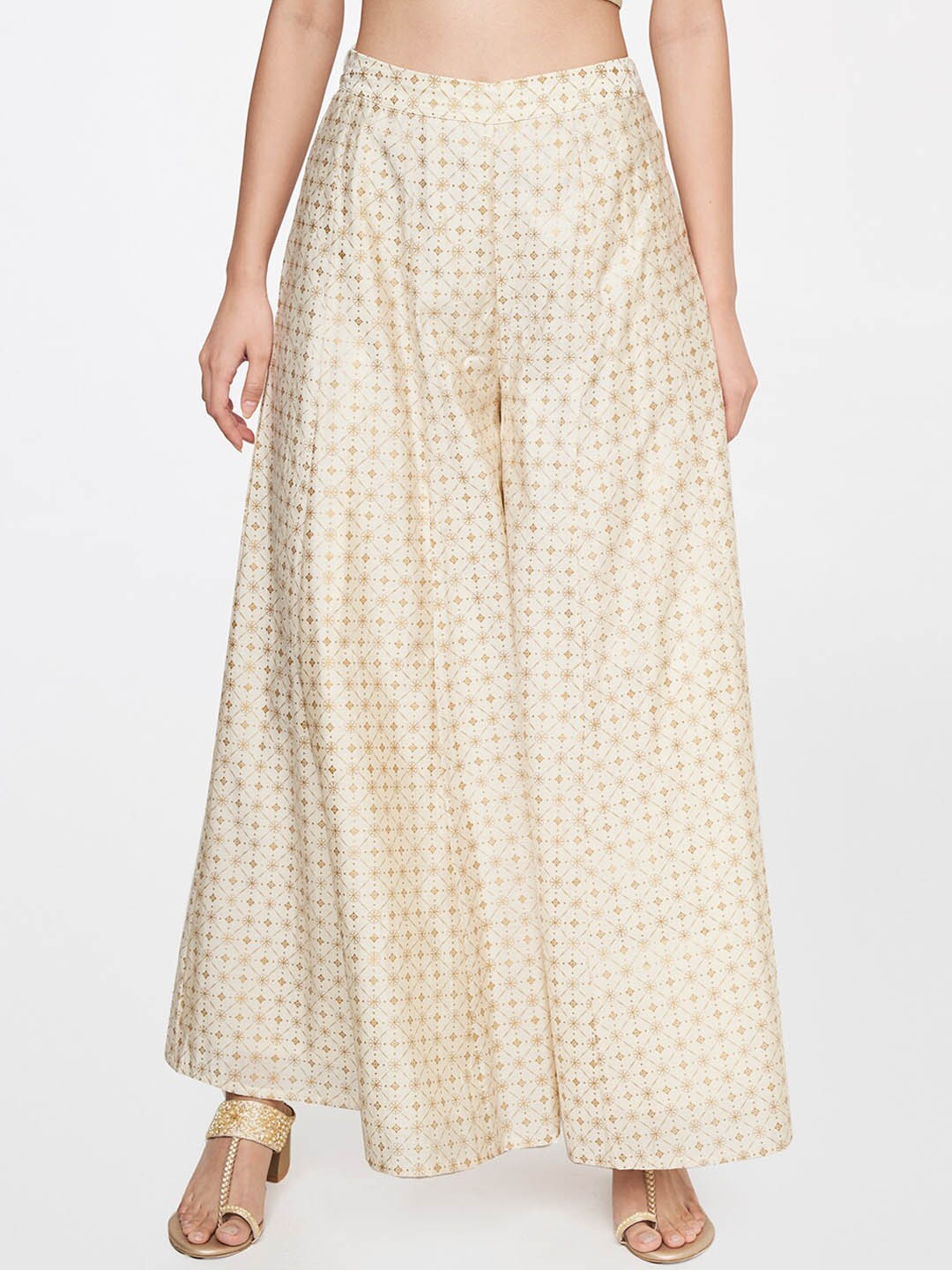 

Global Desi Women Geometric Printed Pleated Parallel Trousers, Beige