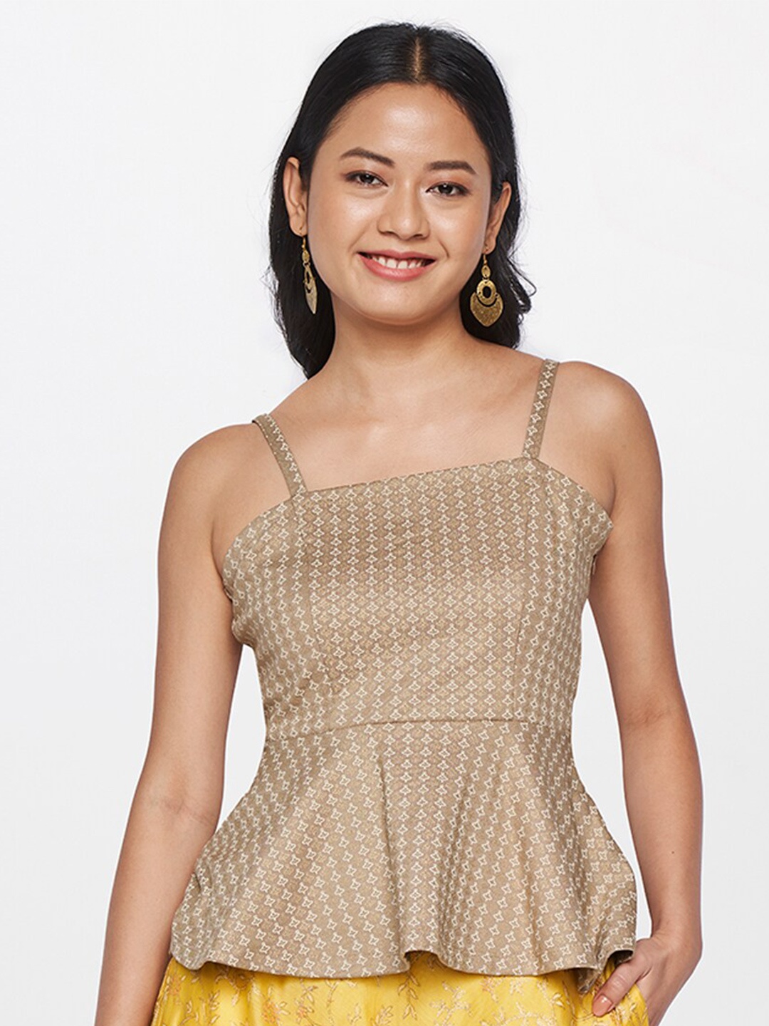 

Global Desi Ethnic Motifs Printed Peplum Top, Gold