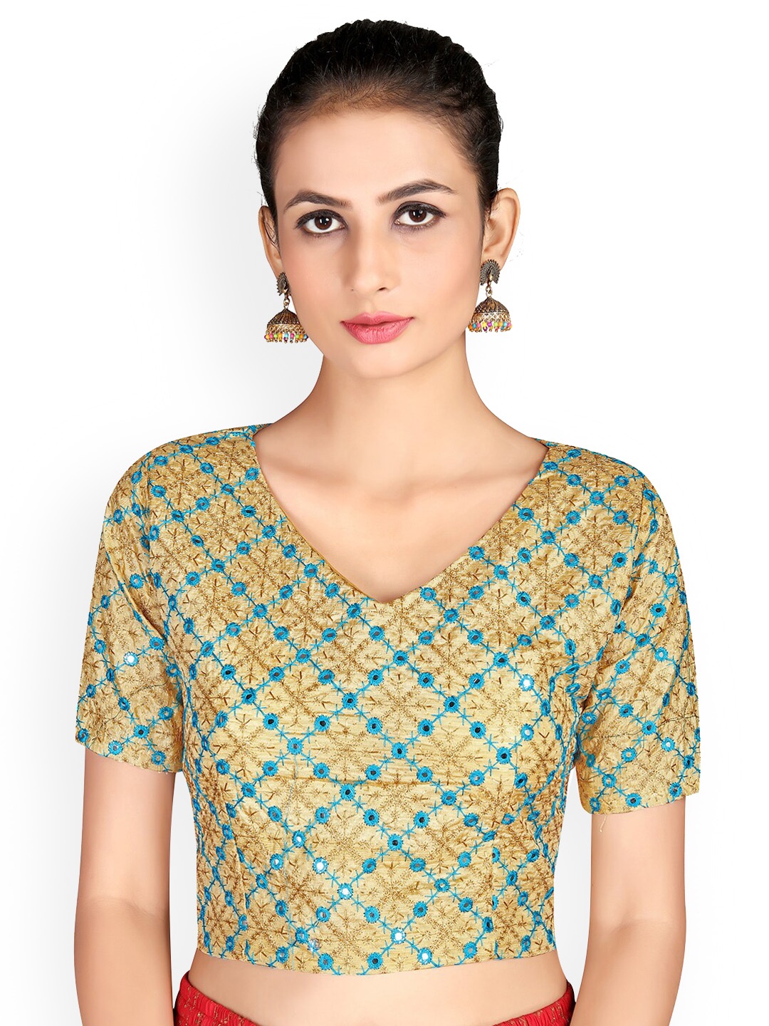 

Mitera Beige Embroidered Mirror Work Saree Blouse