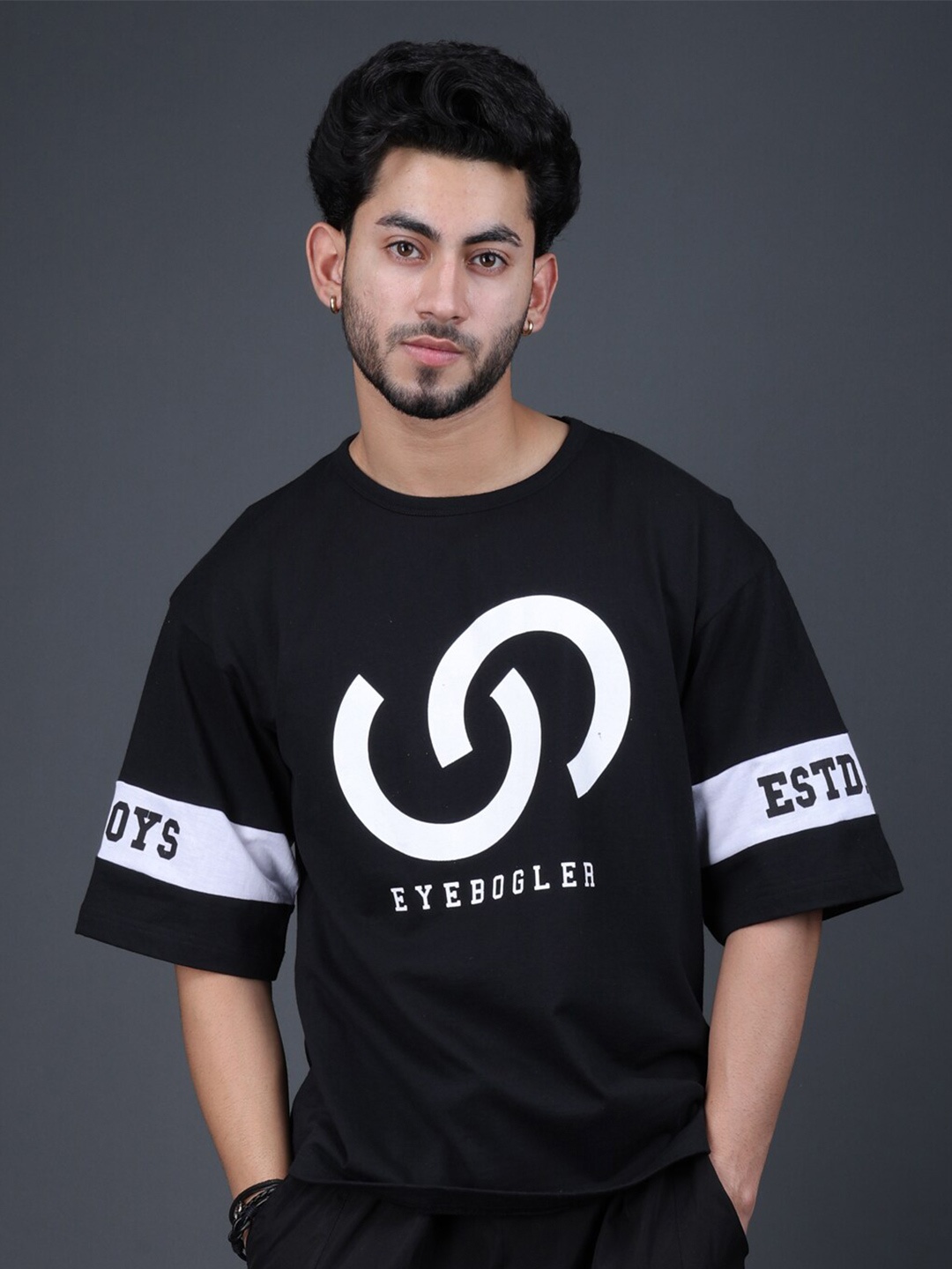 

Eyebogler Graphic Printed Drop Shoulder Sleeves Cotton Oversized T-shirt, Black