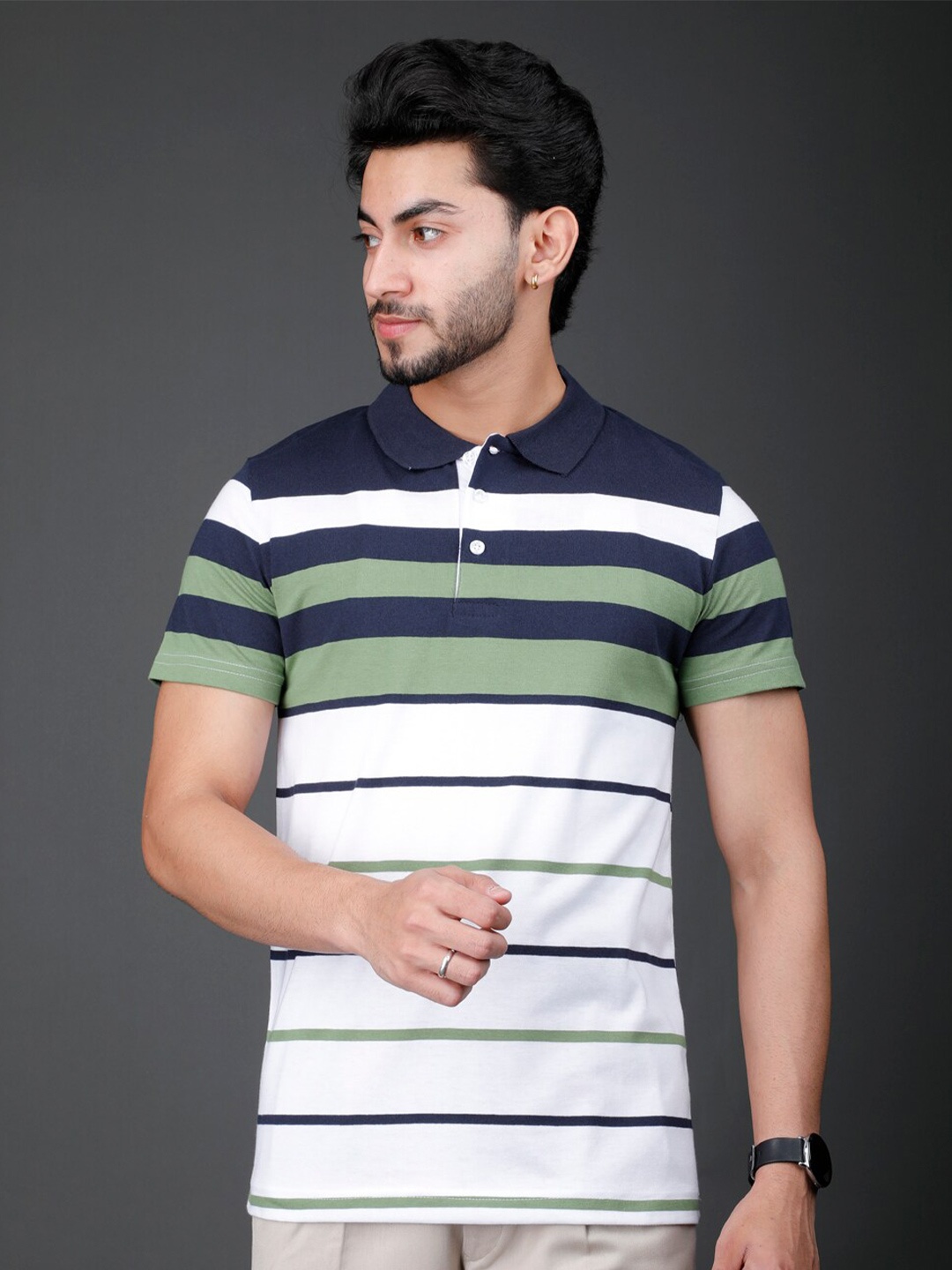 

Eyebogler Striped Polo Collar Cotton T-shirt, Green
