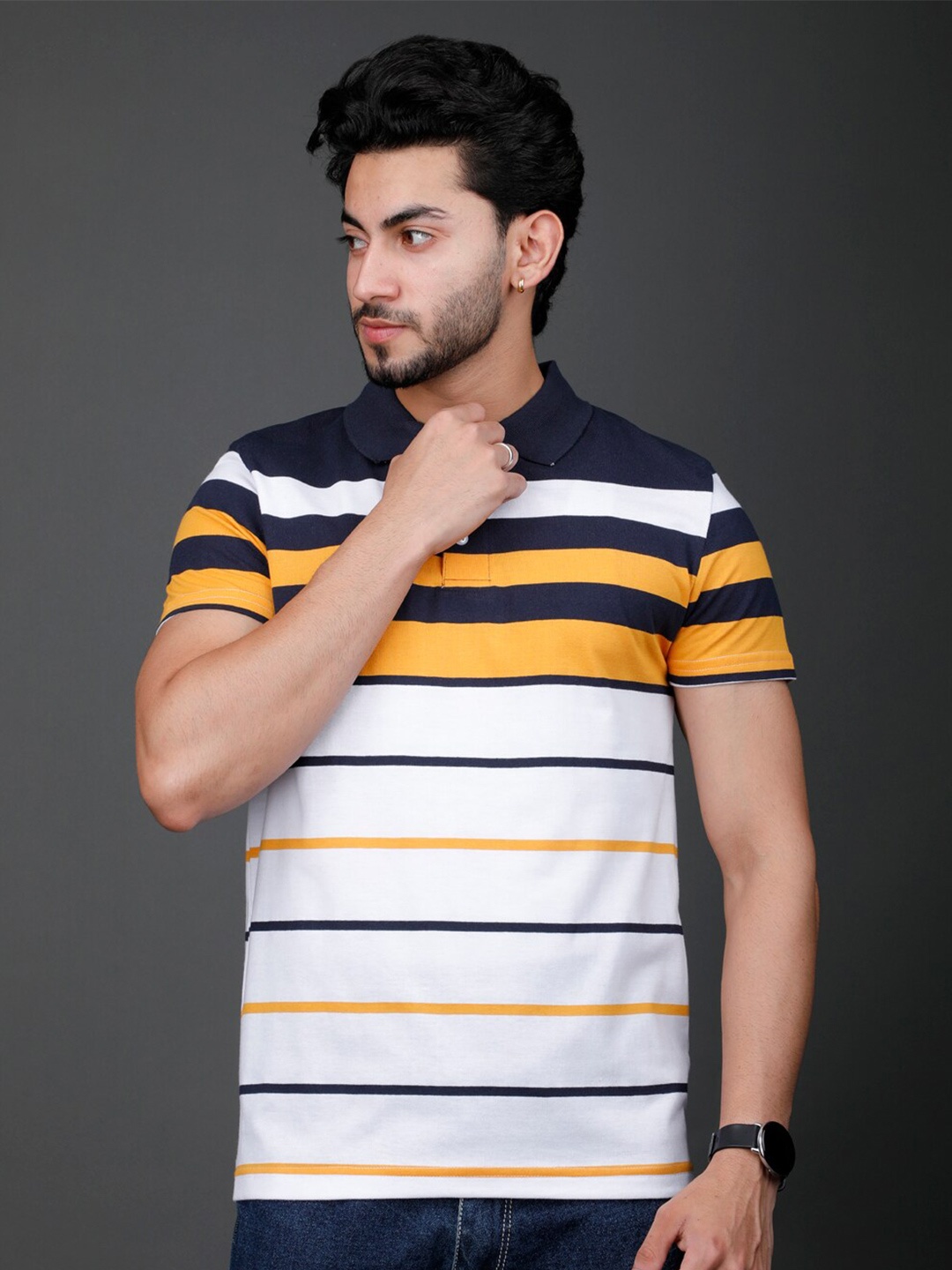 

Eyebogler Striped Polo Collar Cotton T-shirt, Yellow