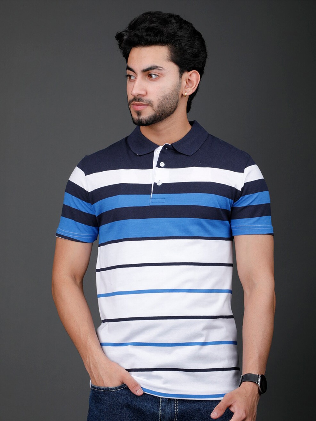 

Eyebogler Striped Polo Collar Cotton T-shirt, Blue