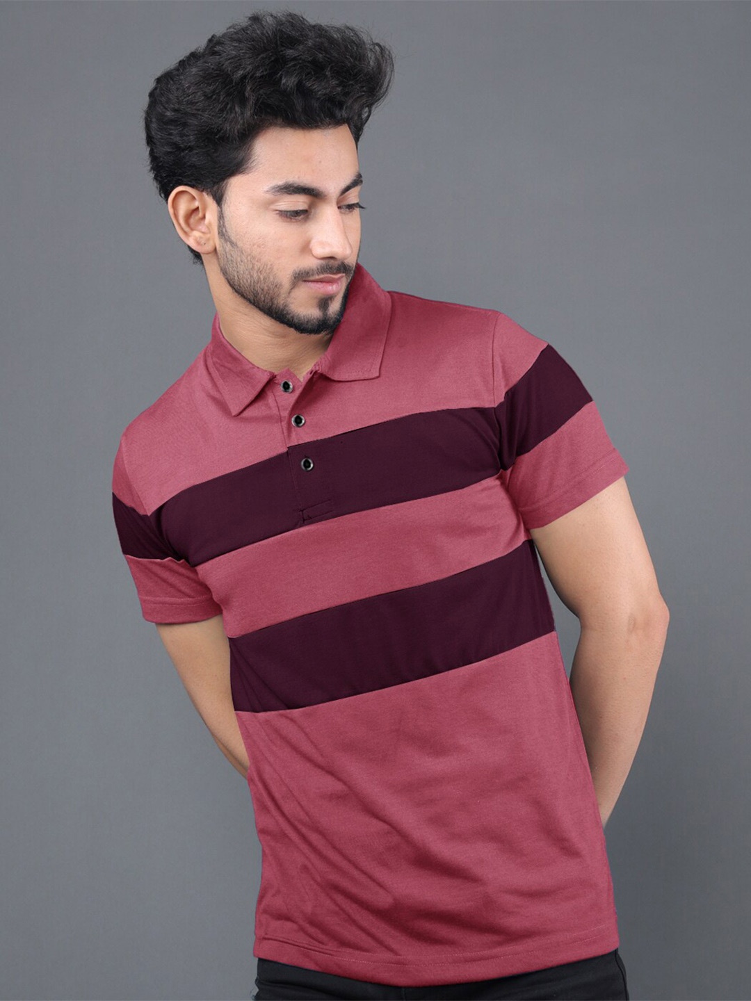 

Eyebogler Striped Polo Collar Cotton T-shirt, Pink