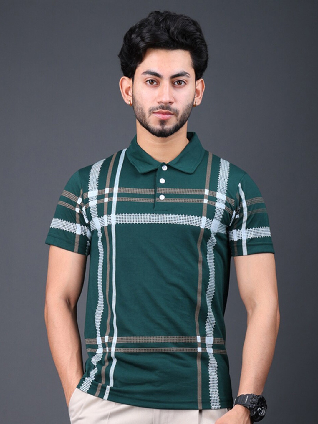 

Eyebogler Checked Polo Collar Cotton T-shirt, Green