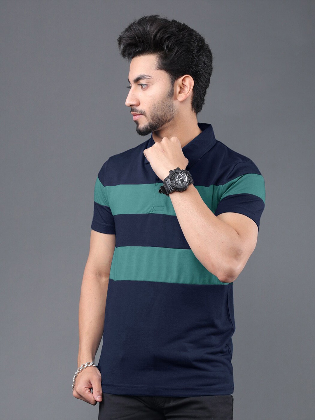 

Eyebogler Striped Polo Collar Cotton T-shirt, Navy blue