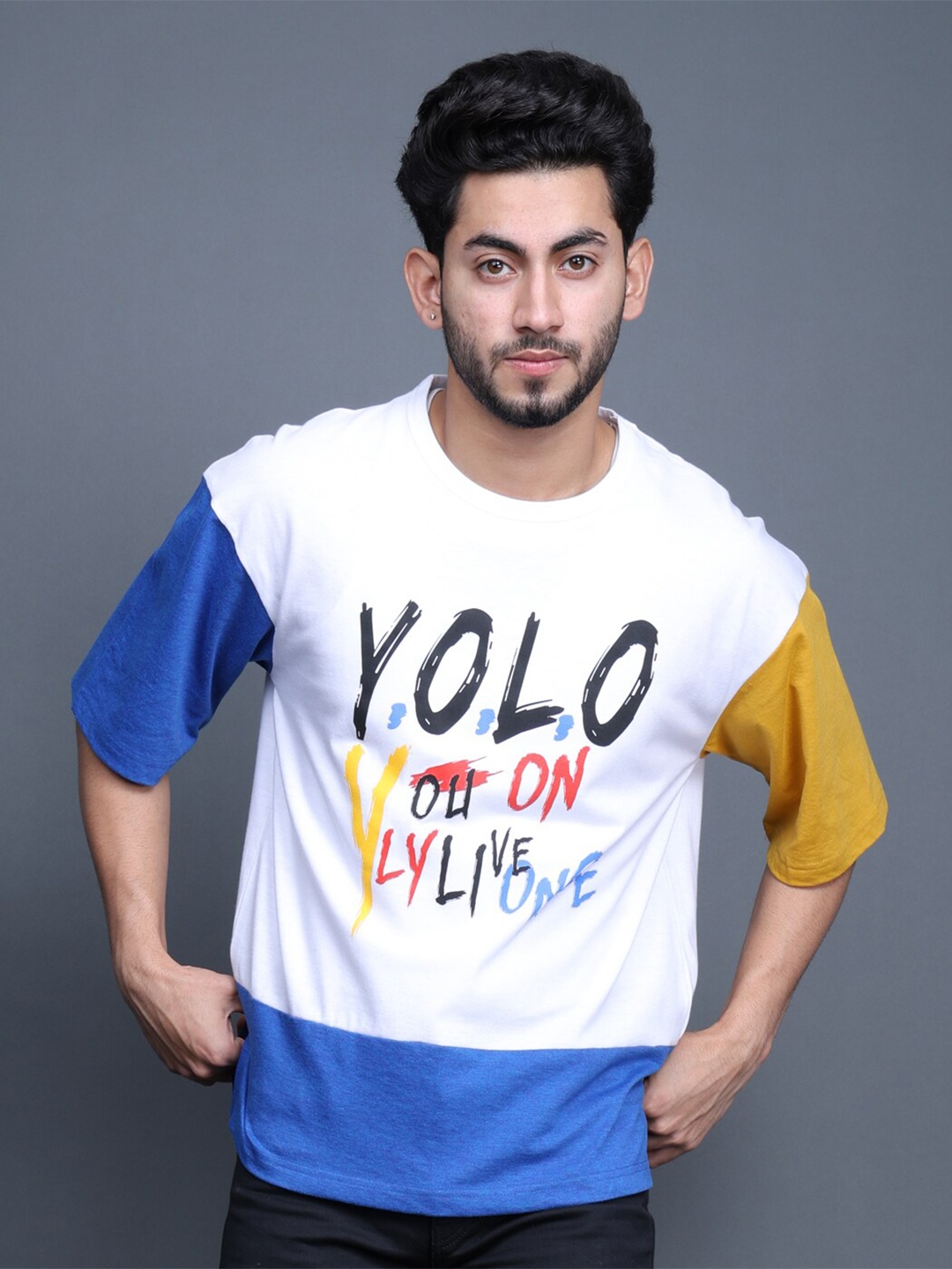 Eyebogler Typography Printed Drop Shoulder Sleeves Oversized T-shirt, White