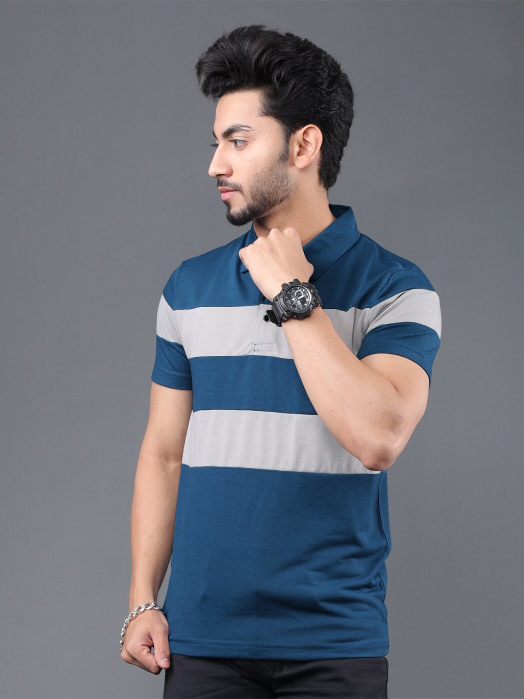 

Eyebogler Striped Polo Collar Cotton T-shirt, Teal