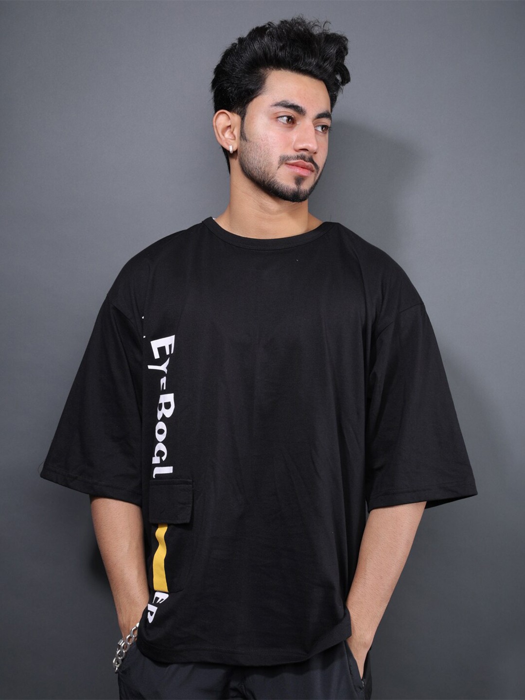 

Eyebogler Brand Name Printed Loose Fit Cotton T-shirt, Black